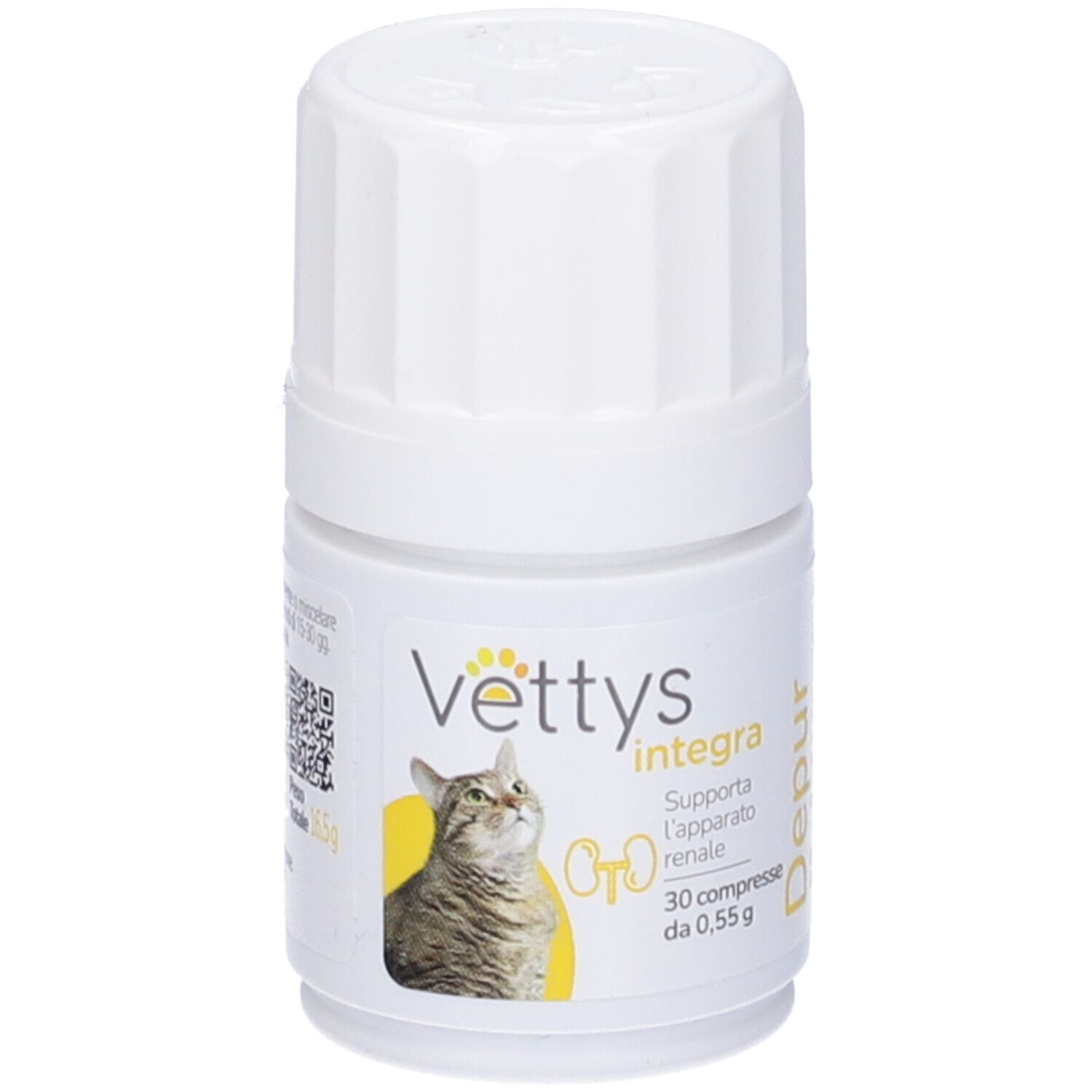 Weiße Tablettenflasche. Aufschrift: Vettys Integra Depur. Abbildung einer Katze. 30 Tabletten.
