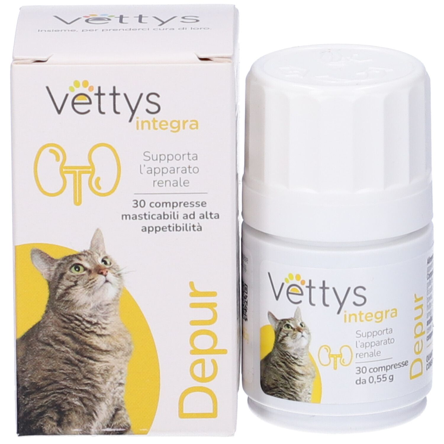 Tablettenflasche und -schachtel. Aufschrift: Vettys Integra Depur. Abbildung einer Katze. 30 Tabletten.