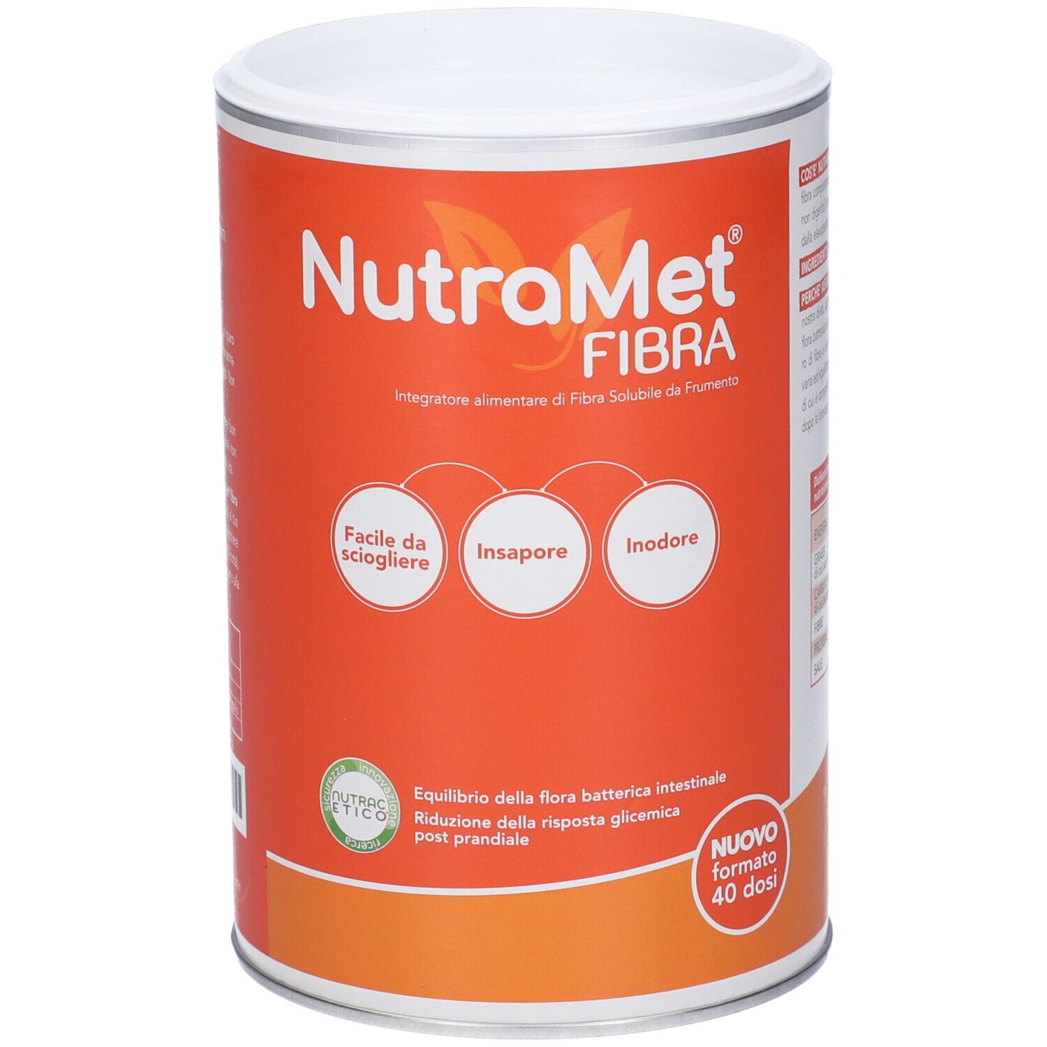 Boîte cylindrique avec couvercle blanc. Fond orange avec nom du produit et logos. Texte : 'Facile da sciogliere', 'Insapore', 'Inodore'.