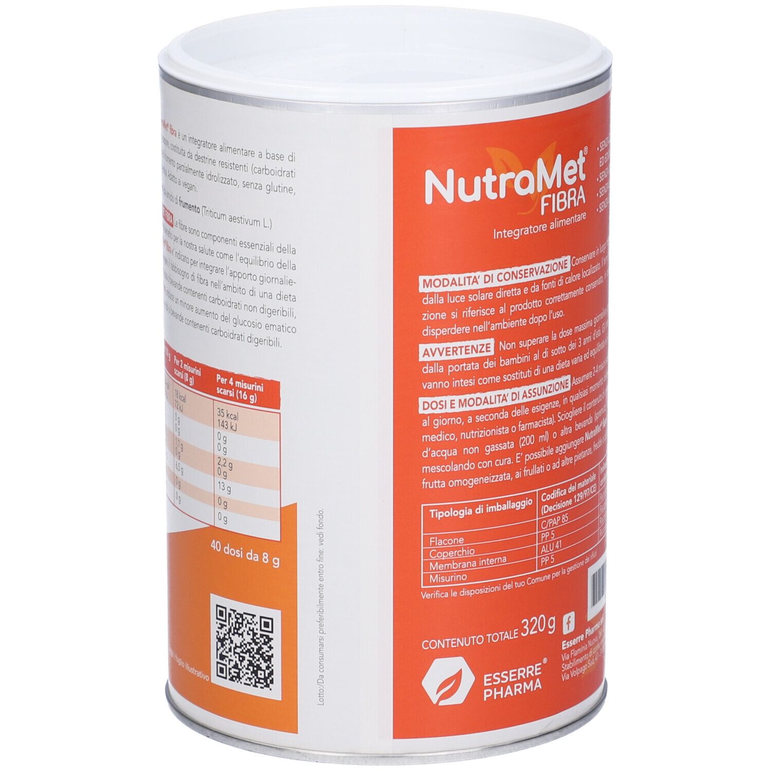 Boîte cylindrique avec couvercle blanc. Fond orange avec nom du produit et logos. Texte au dos. Contient des informations.