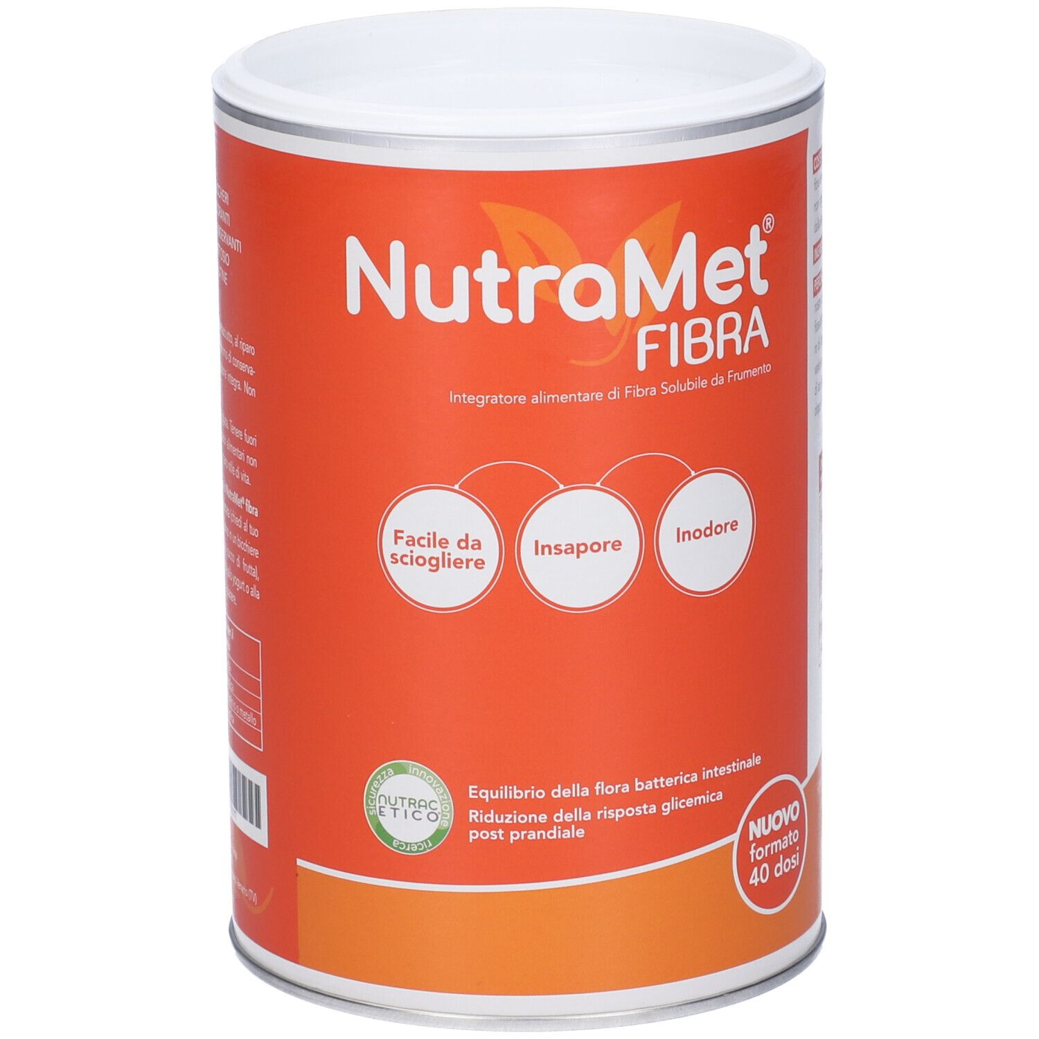 Boîte cylindrique avec couvercle blanc. Fond orange avec nom du produit et logos. Texte : 'Facile da sciogliere', 'Insapore', 'Inodore'.