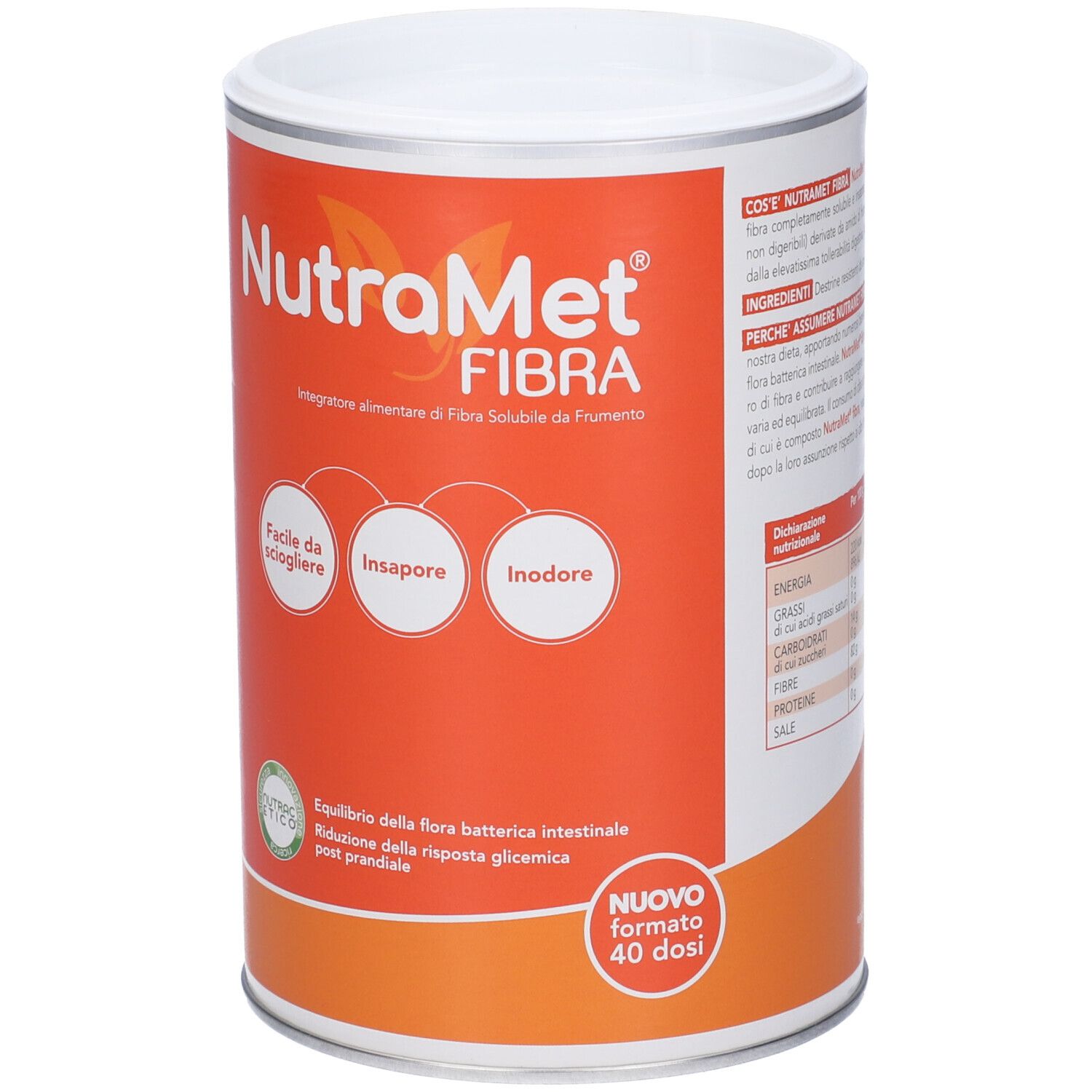 Boîte cylindrique avec couvercle blanc. Fond orange avec nom du produit et logos. Texte : 'Facile da sciogliere', 'Insapore', 'Inodore'.