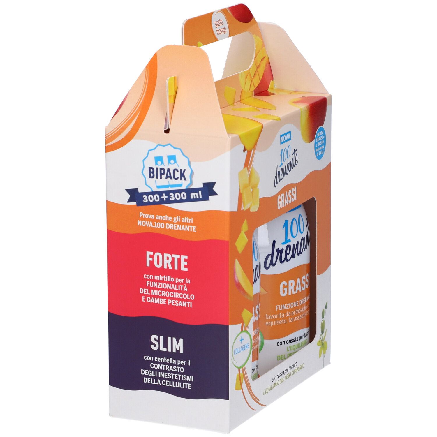 Emballage avec deux bouteilles. Inscription: Nova 100 drenante Grassi. Goût mangue. Avec poignée.