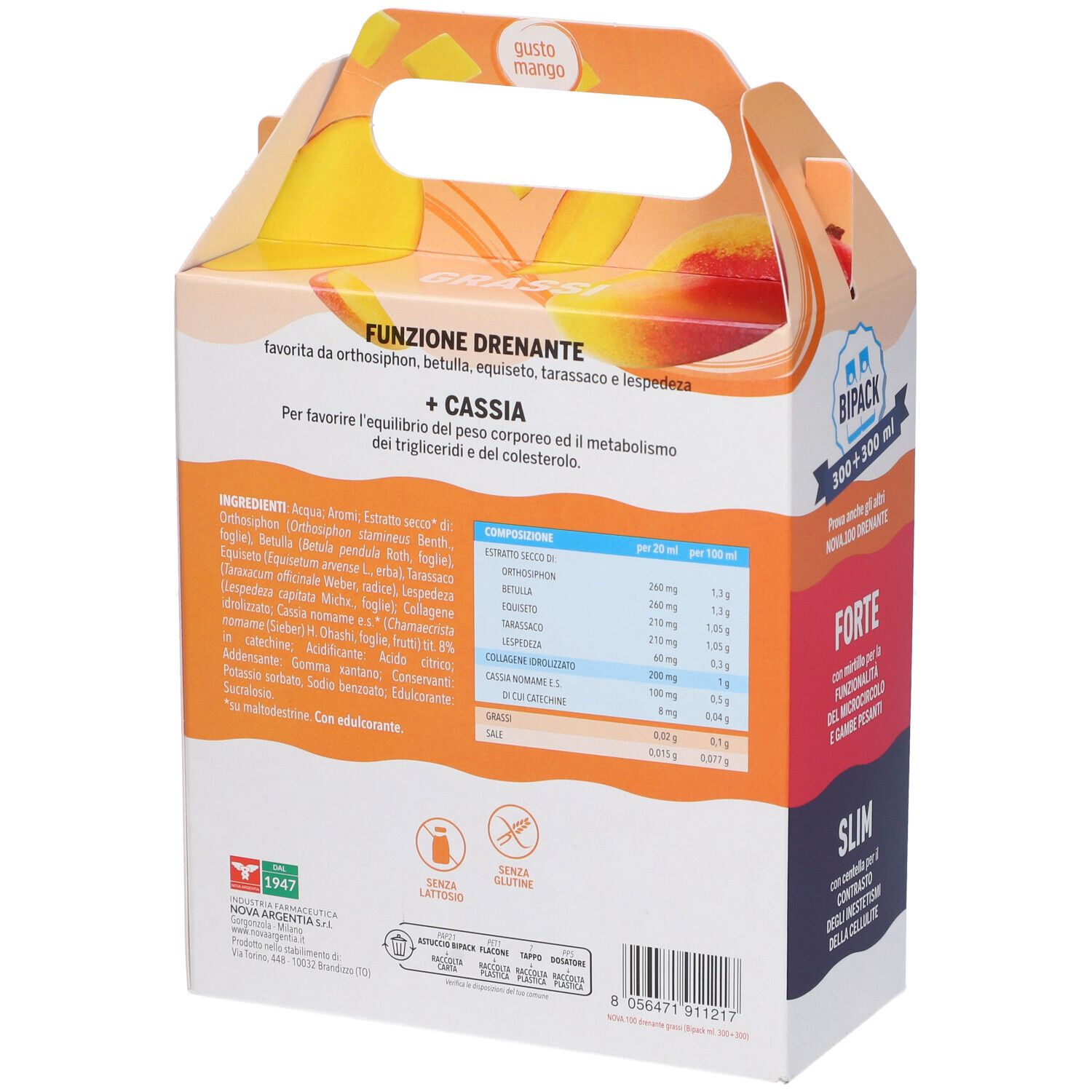 Emballage avec deux bouteilles. Inscription: Nova 100 drenante Grassi. Goût mangue. Avec poignée.