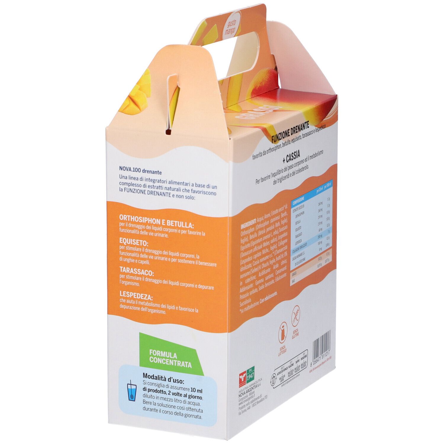 Emballage avec deux bouteilles. Inscription: Nova 100 drenante Grassi. Goût mangue. Avec poignée.