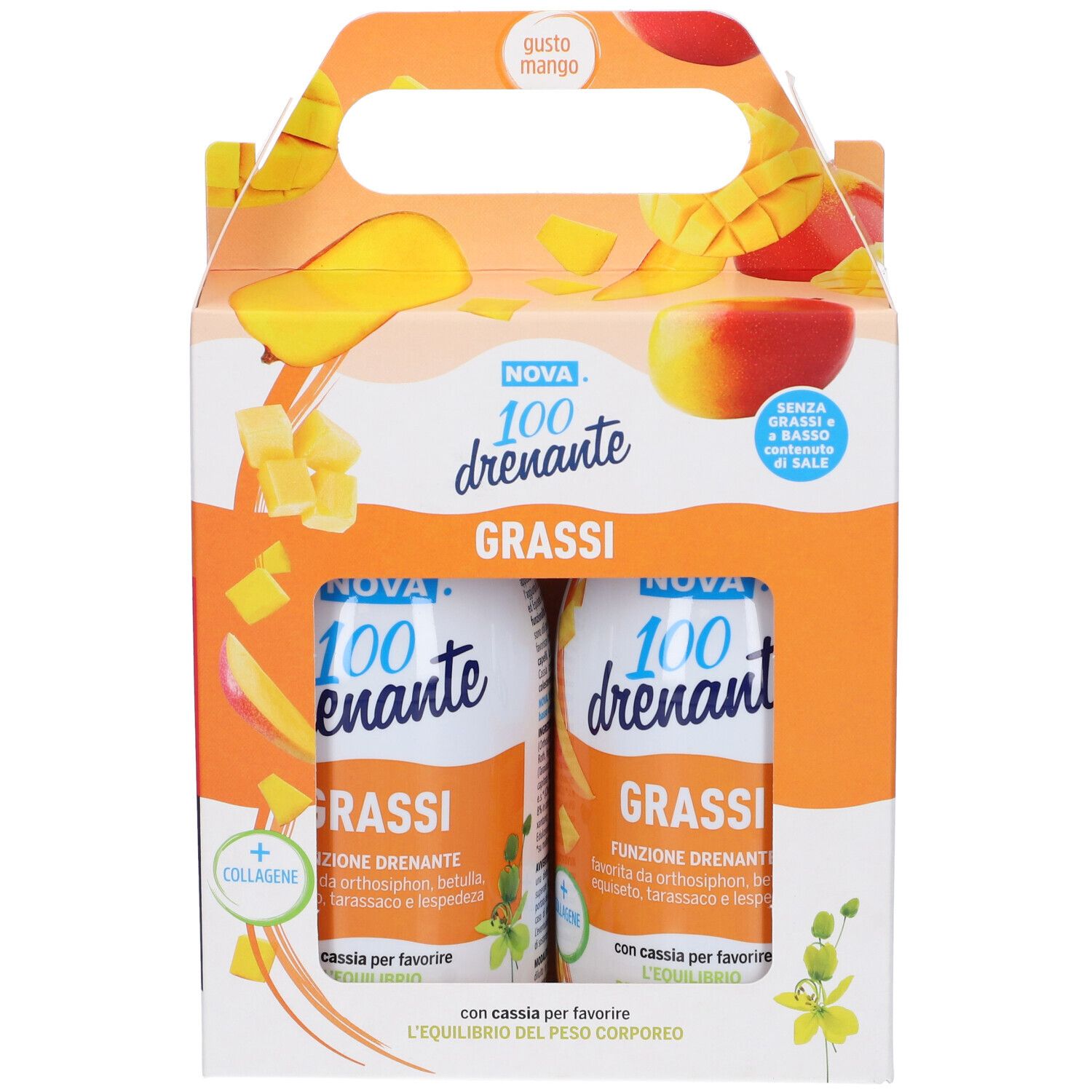 Emballage avec deux bouteilles. Inscription: Nova 100 drenante Grassi. Goût mangue. Avec poignée.