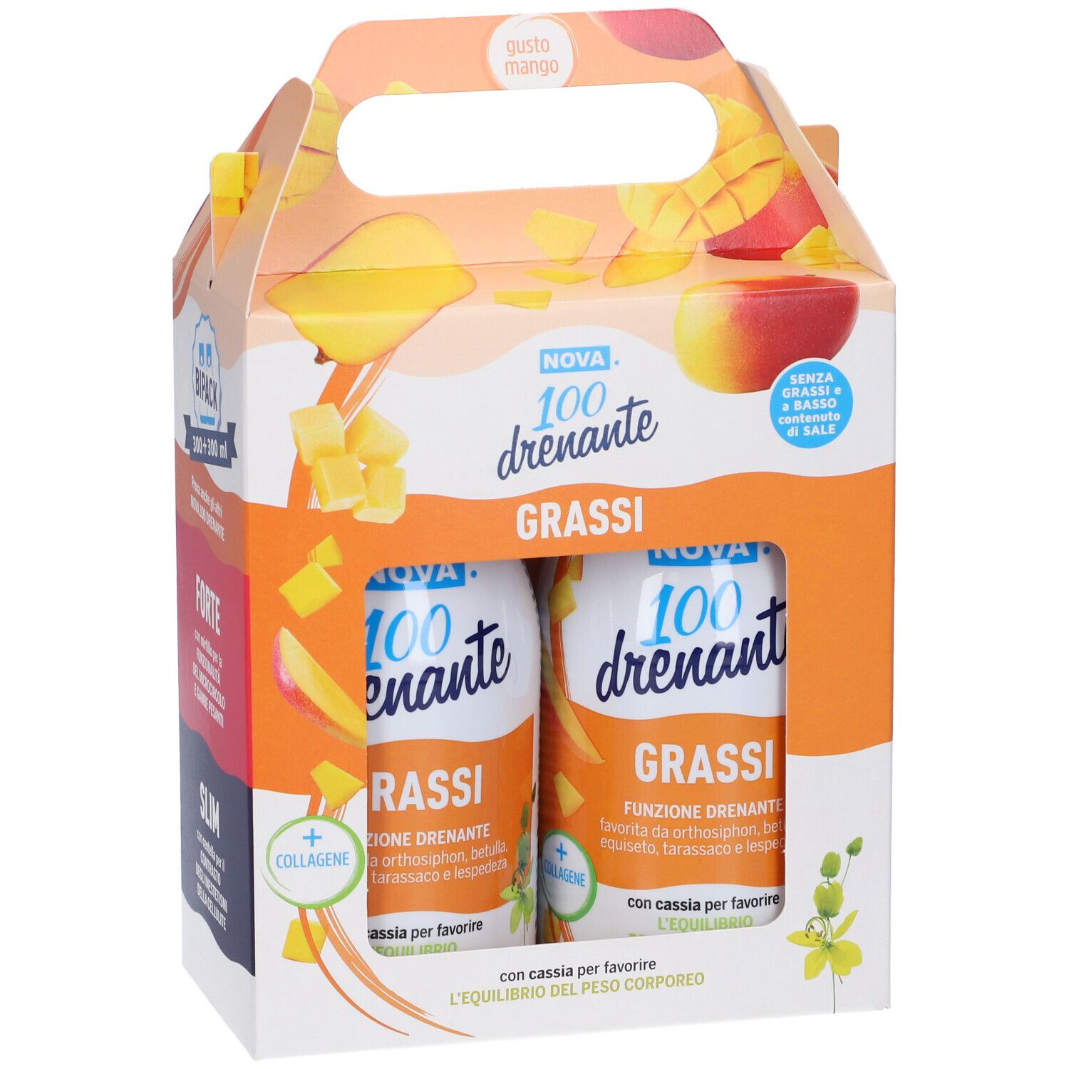 Emballage avec deux bouteilles. Inscription: Nova 100 drenante Grassi. Goût mangue. Avec poignée.