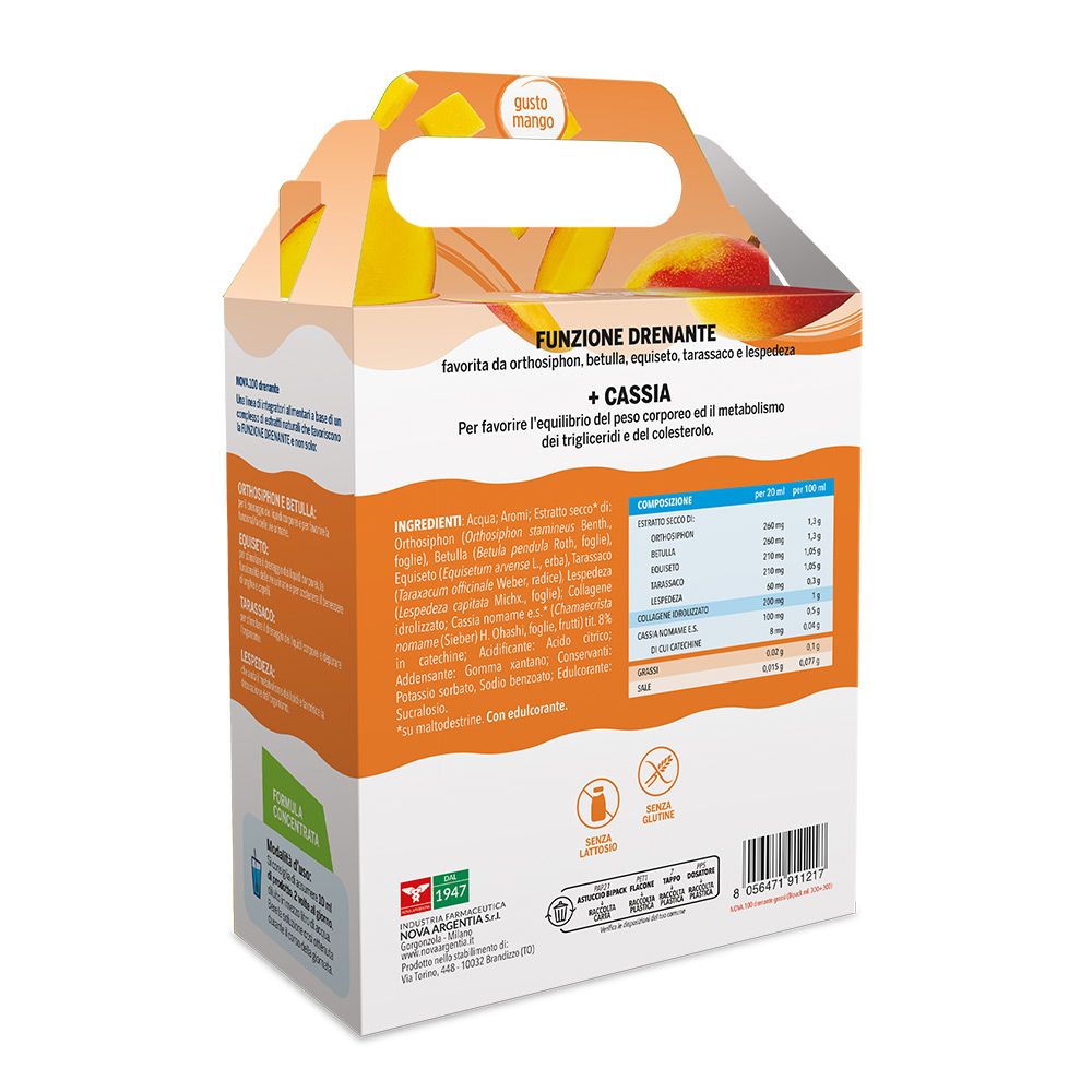 Dos de l'emballage. Contient ingrédients et informations nutritionnelles. Texte: Funzione drenante.