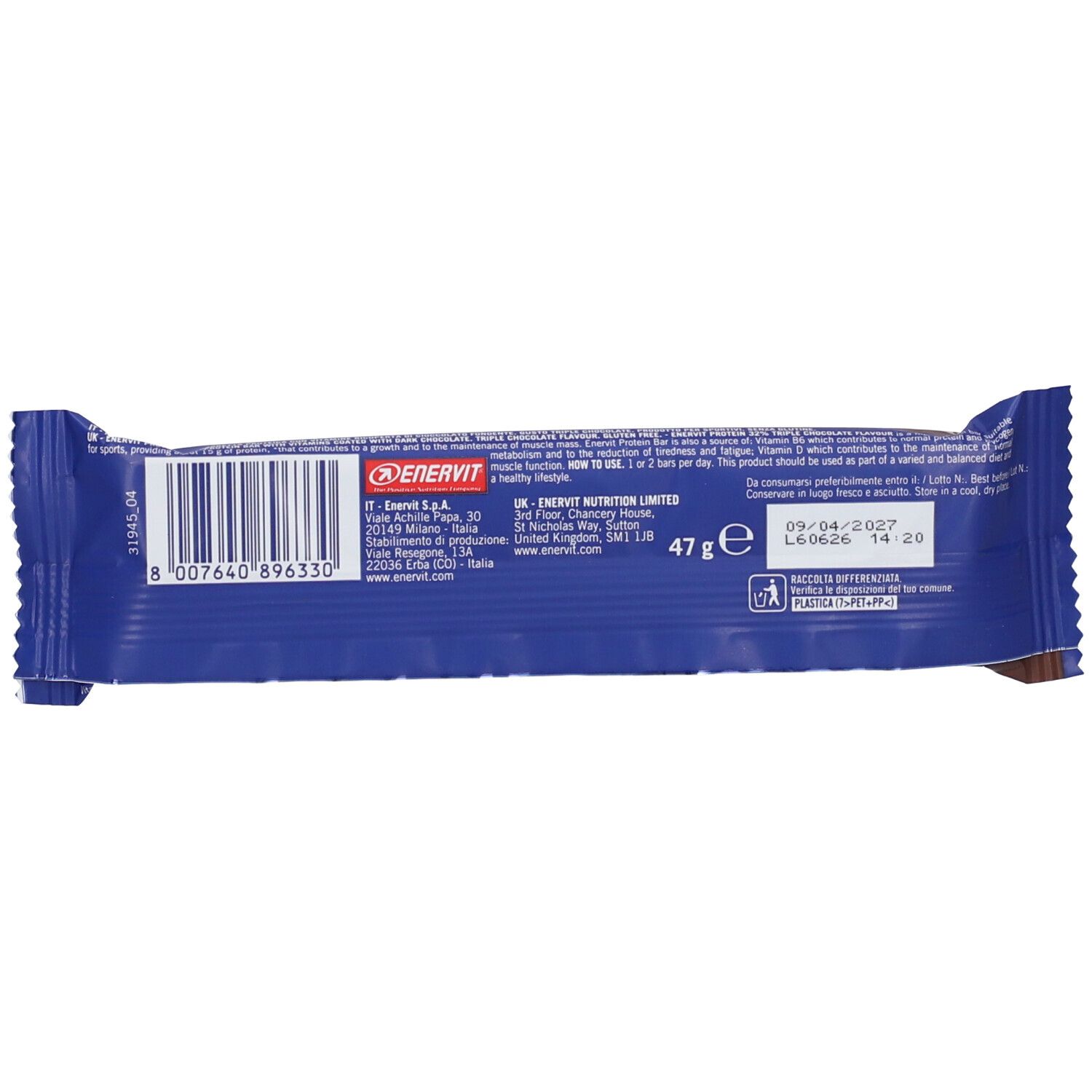 Dos d'une barre Enervit Protein 32% avec informations nutritionnelles et code-barres.