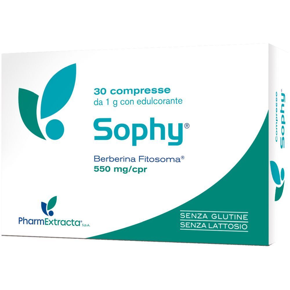 Schachtel mit Sophy Compresse. 30 Tabletten, 1 g mit Süßstoff. Gluten- und laktosefrei.