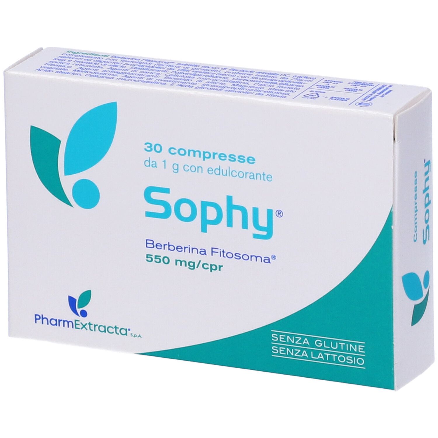 Schachtel mit Sophy Compresse. 30 Tabletten, 1 g mit Süßstoff. Gluten- und laktosefrei.