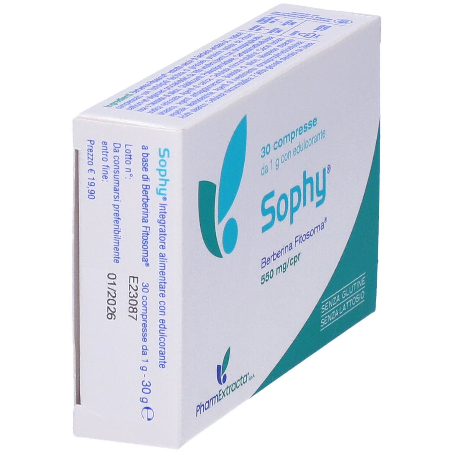 Schachtel mit Sophy Compresse. 30 Tabletten, 1 g mit Süßstoff. Gluten- und laktosefrei.