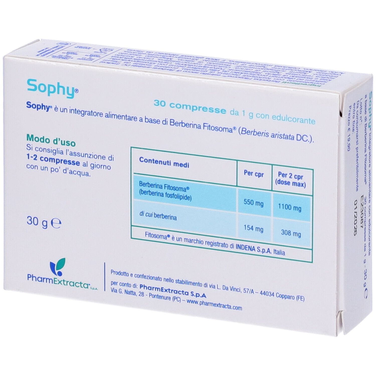 Sophy Compresse Packung. 30 Tabletten, 1 g mit Süßstoff. Inhaltsstoffe und Dosierung.