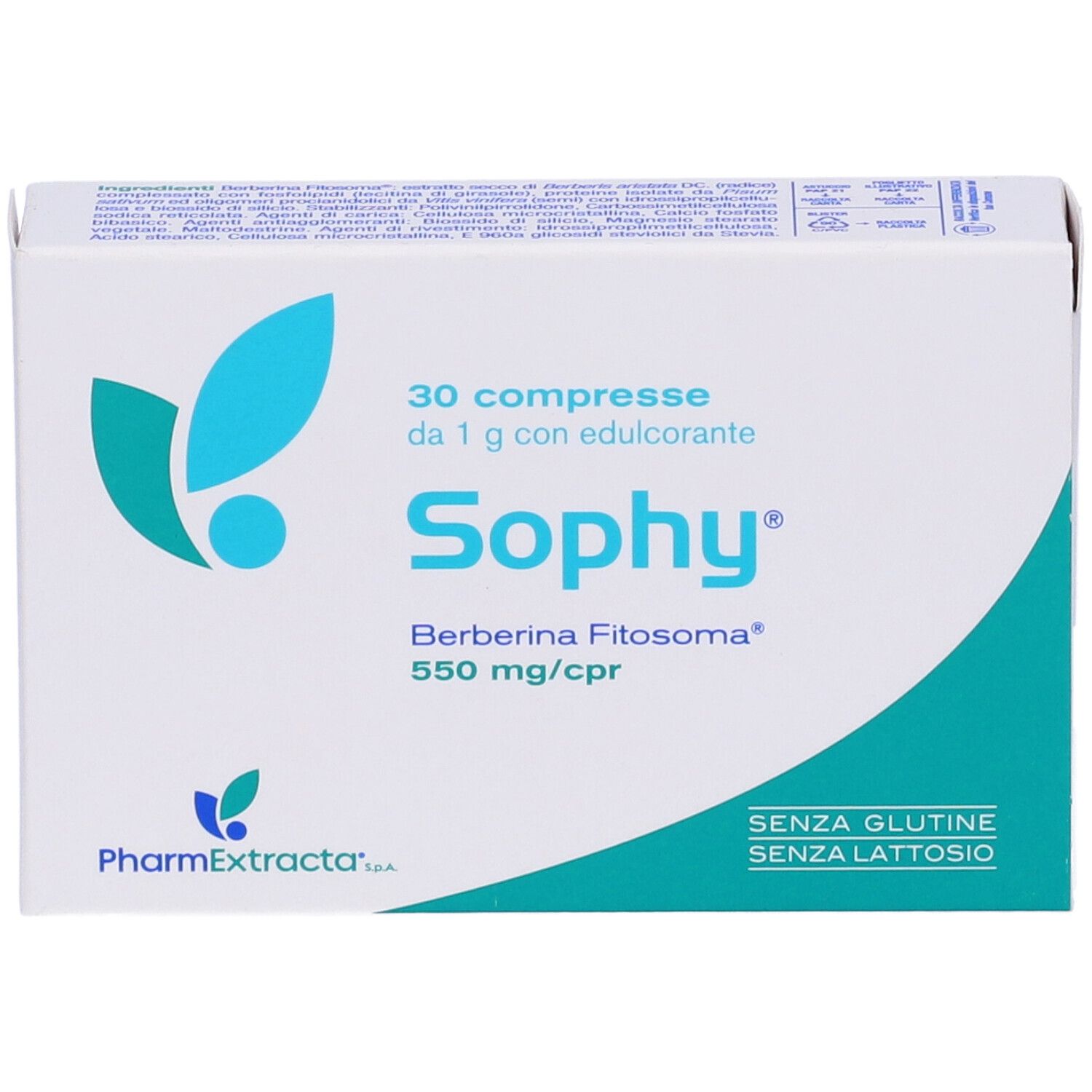 Schachtel mit Sophy Compresse. 30 Tabletten, 1 g mit Süßstoff. Gluten- und laktosefrei.