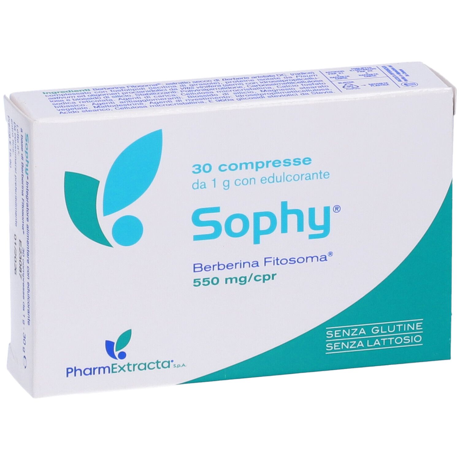 Schachtel mit Sophy Compresse. 30 Tabletten, 1 g mit Süßstoff. Gluten- und laktosefrei.