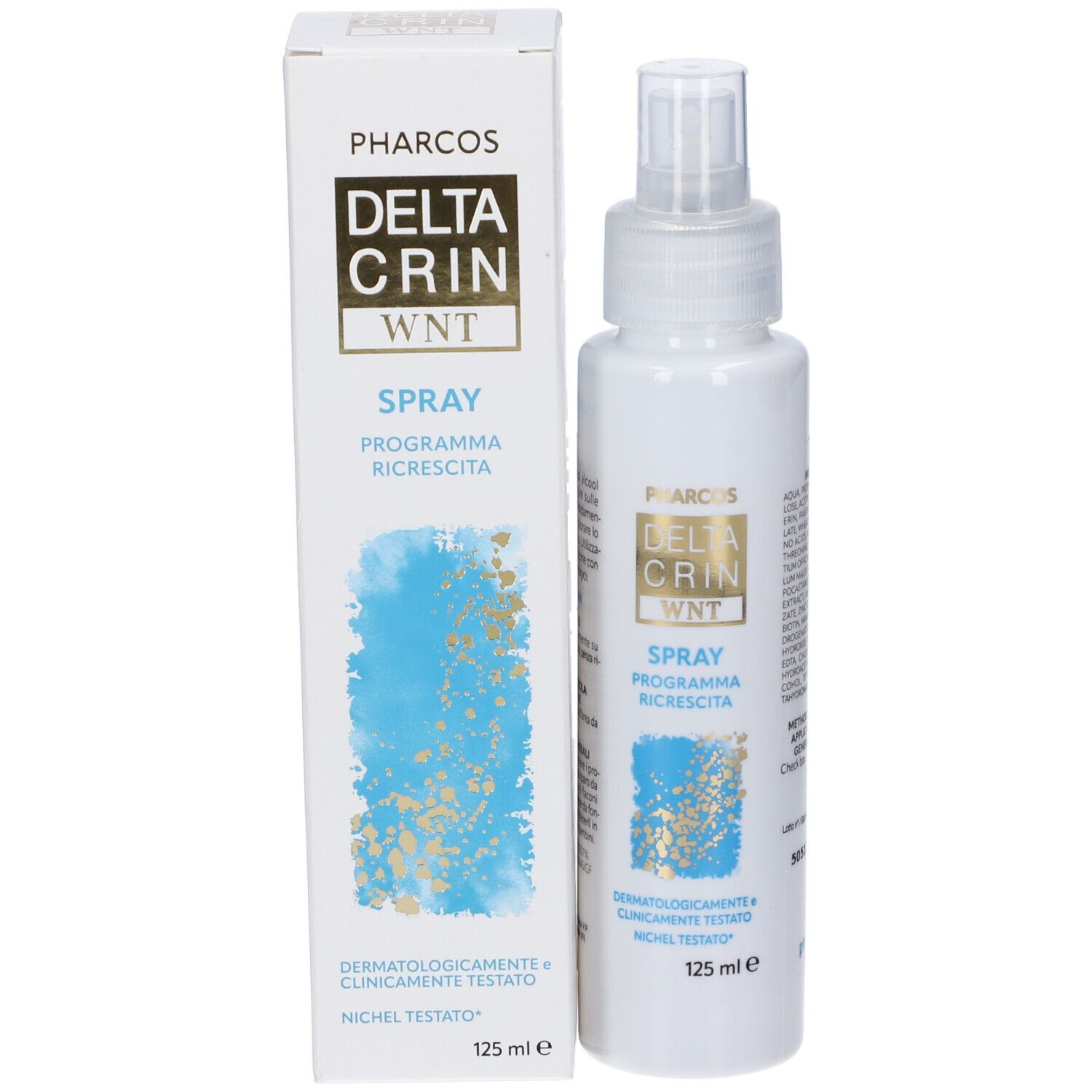 Emballage du produit et flacon spray. Emballage : blanc avec graphique bleu et or. Flacon : blanc avec tête de pulvérisation transparente.