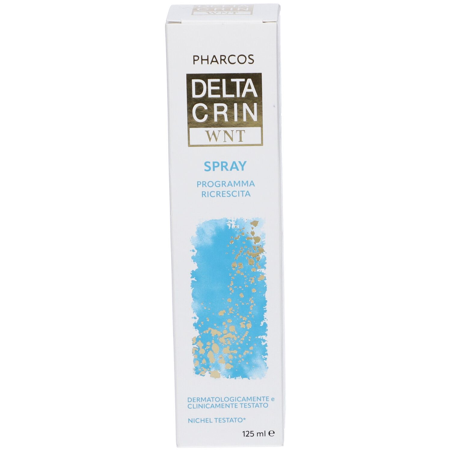 Emballage produit blanc avec graphique bleu et or. Inscription: Pharcos Deltacrin WNT Spray. 125 ml.
