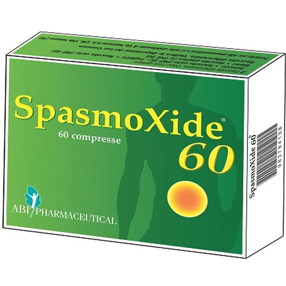 Boîte verte "SpasmoXide 60 compresse". Silhouette humaine et cercle jaune. Logo ABI Pharmaceutical.