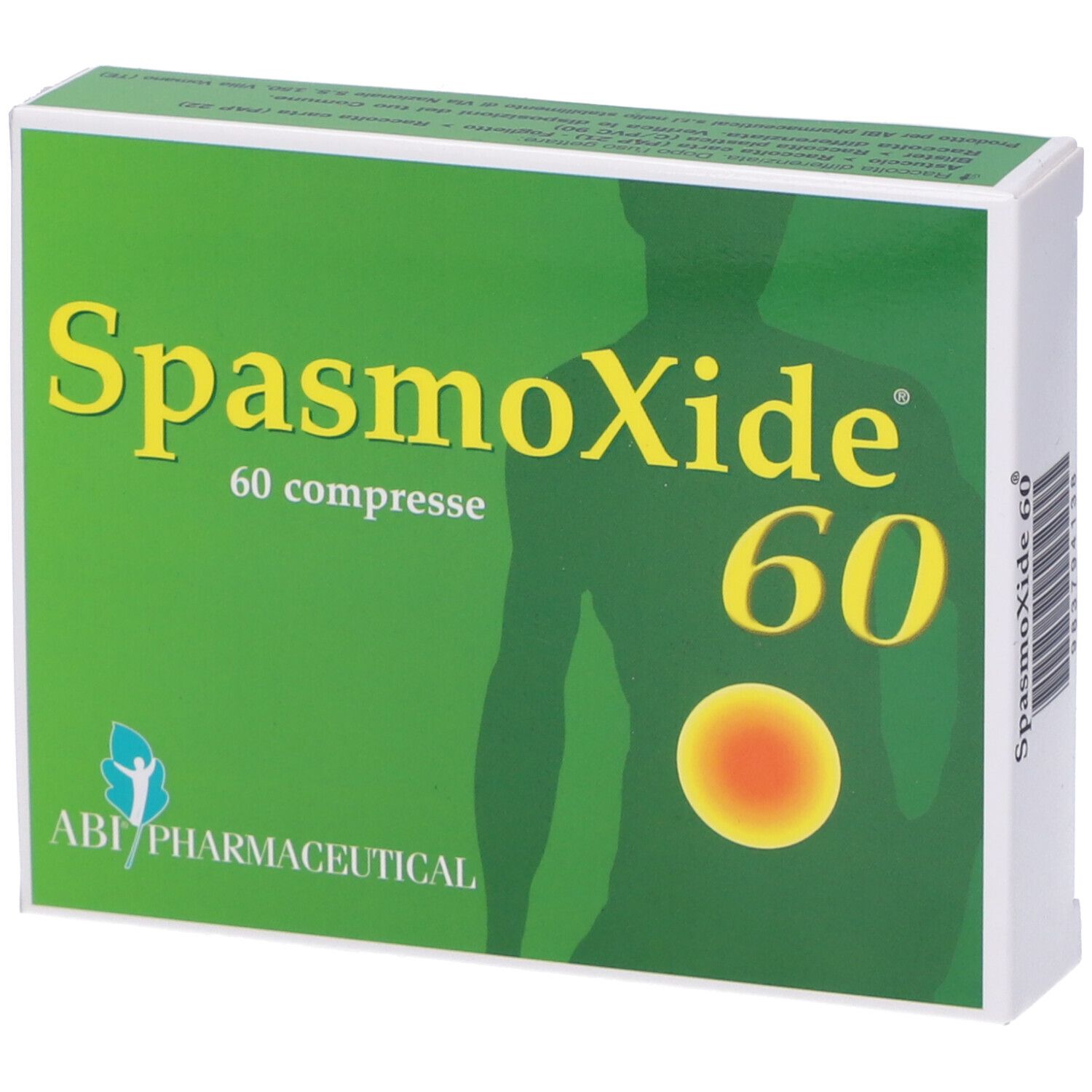 Boîte verte "SpasmoXide 60 compresse". Silhouette humaine et cercle jaune.