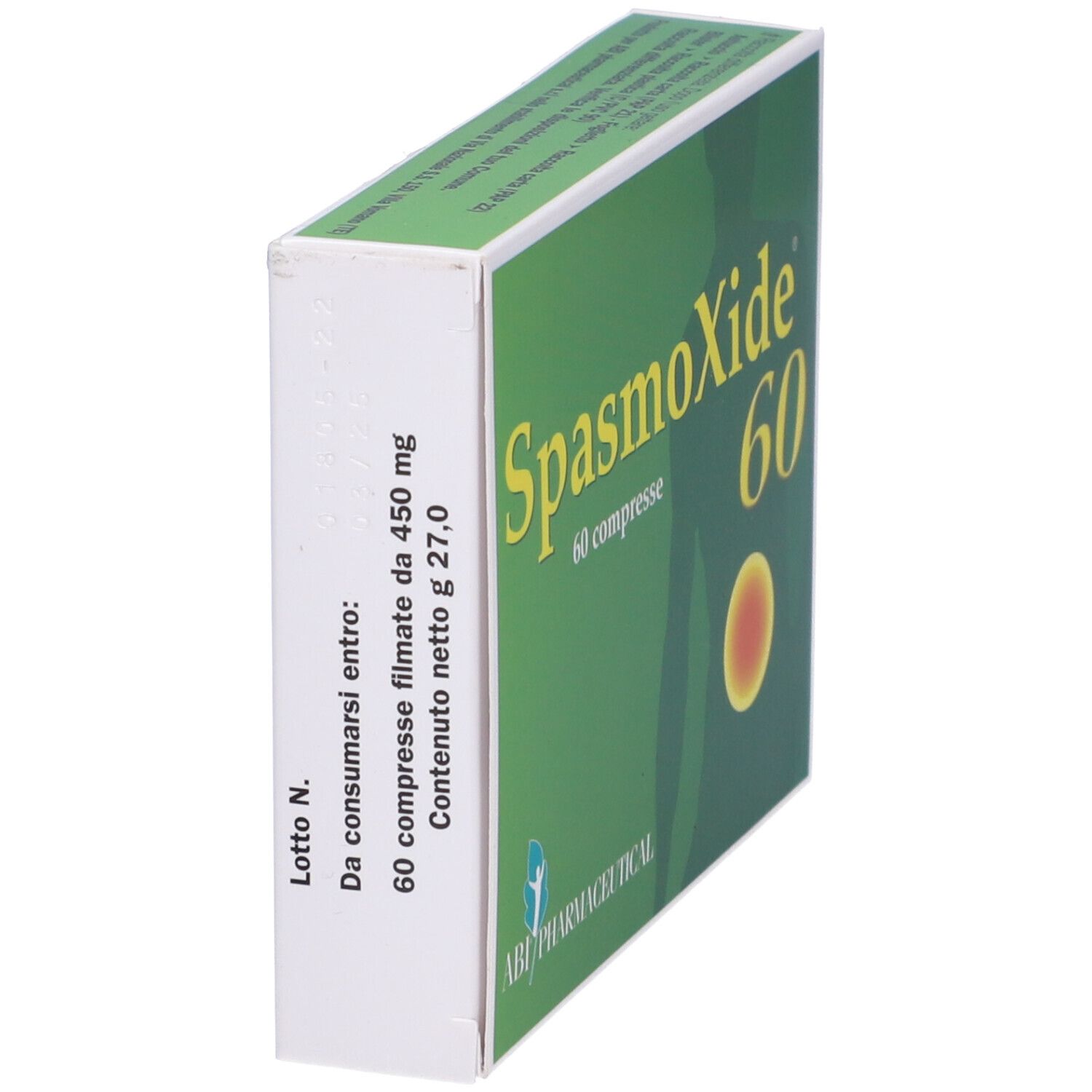 Boîte "SpasmoXide 60 compresse" de côté. Dessus vert, côtés blancs. Texte et logo.