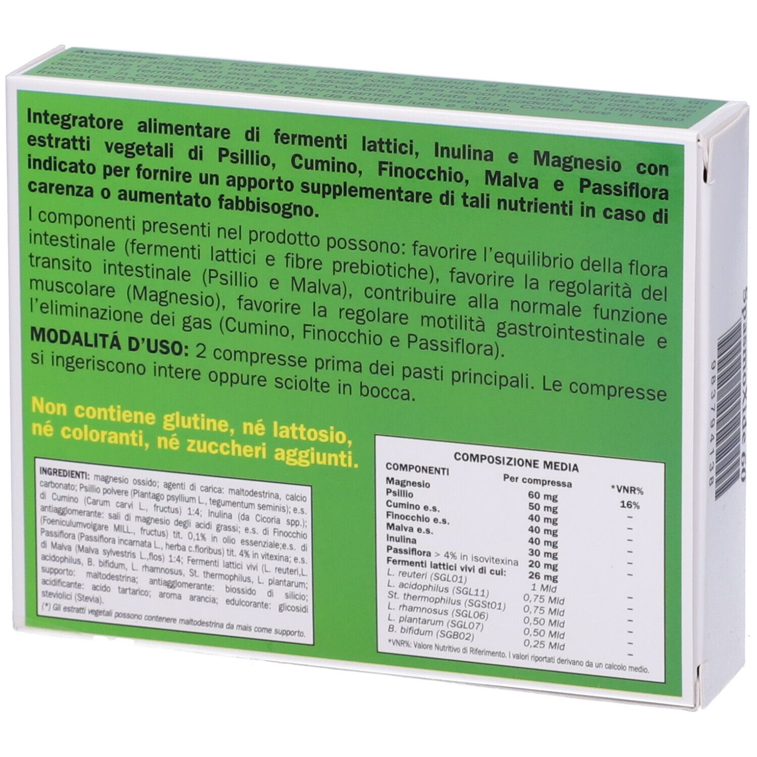 Dos de la boîte "SpasmoXide". Texte sur ingrédients et utilisation. Vert sur fond blanc.