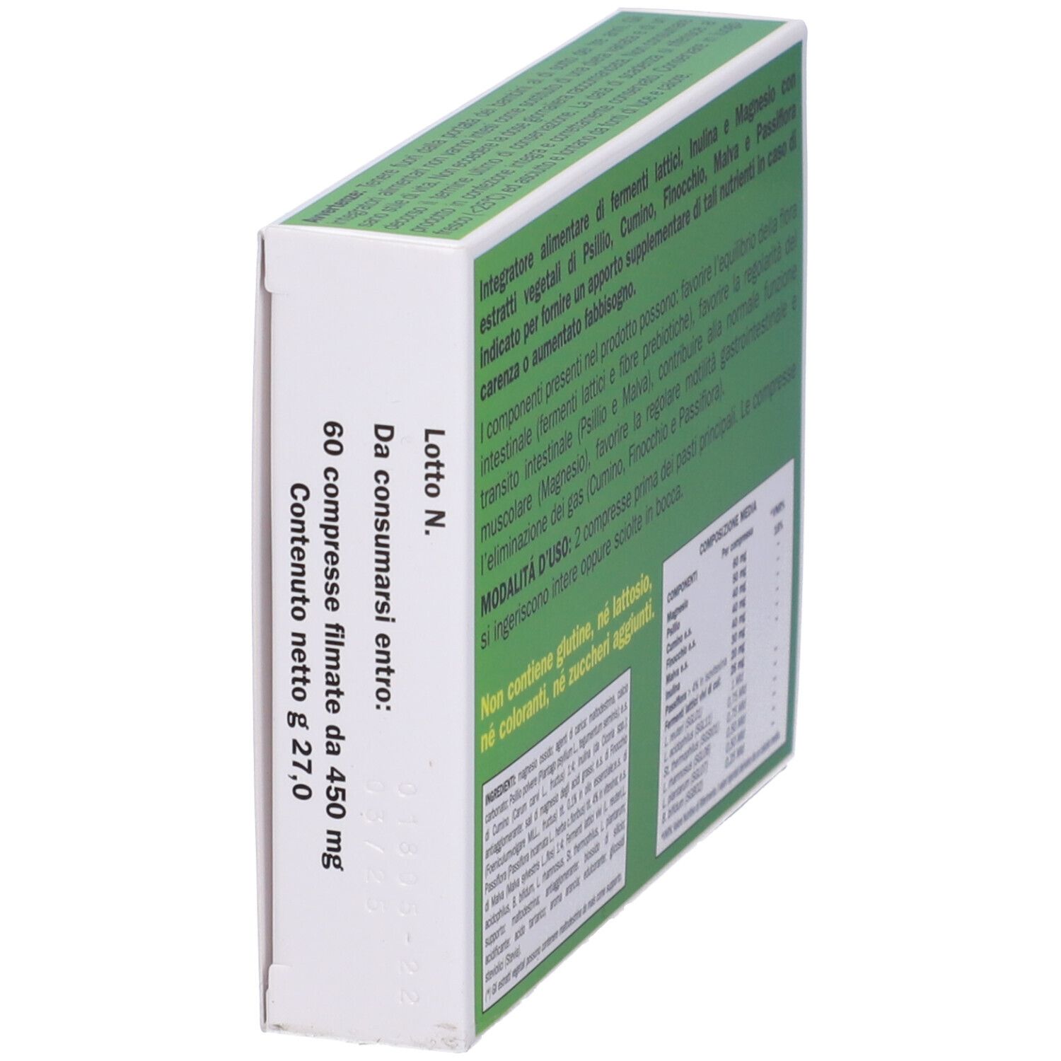 Boîte "SpasmoXide" de côté. Texte sur ingrédients et utilisation. Vert sur fond blanc.