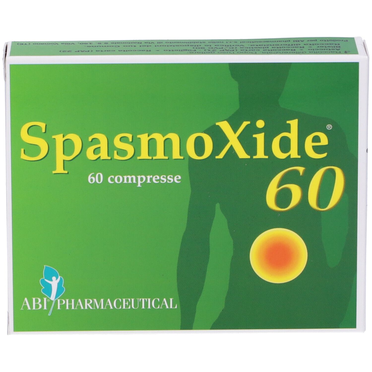 Boîte verte "SpasmoXide 60 compresse". Silhouette humaine et cercle jaune.