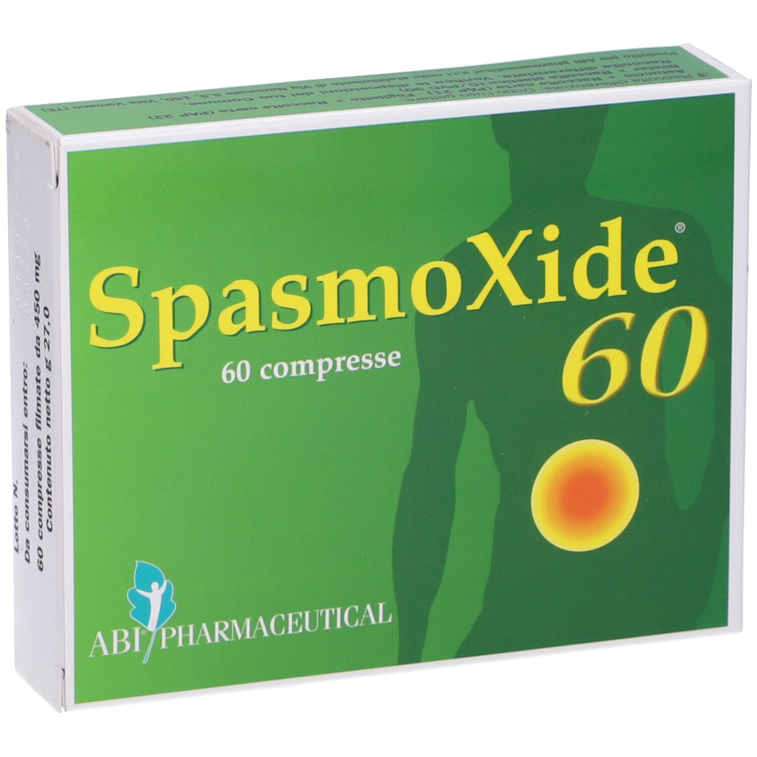 Boîte verte "SpasmoXide 60 compresse". Silhouette humaine et cercle jaune.
