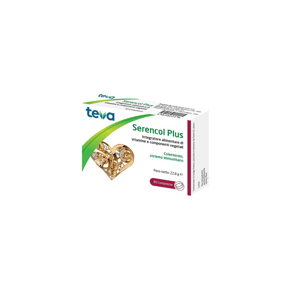 Schachtel Serencol Plus Compresse. Marke Teva. Herz-Design. Enthält 30 Tabletten. Text: Integratore alimentare.