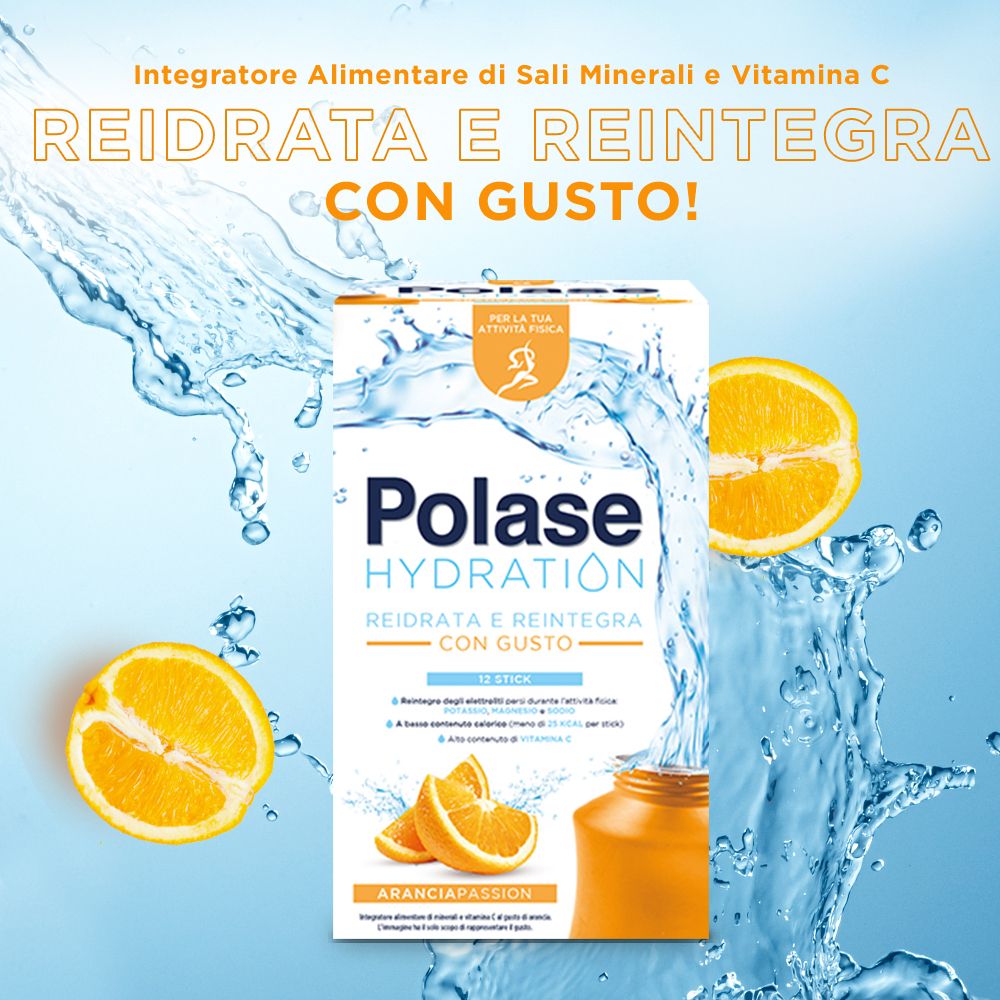 Polase Hydration-Verpackung mit Wasser-Design und Orangen. Enthält 12 Sticks. Mit Vitamin C. Für körperliche Aktivität.