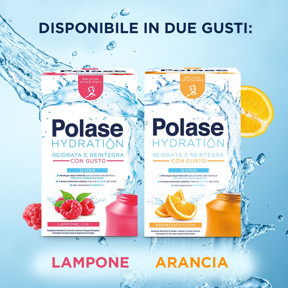Polase Hydration in zwei Geschmacksrichtungen: Himbeere und Orange. 12 Sticks pro Packung. Mit Vitamin C.