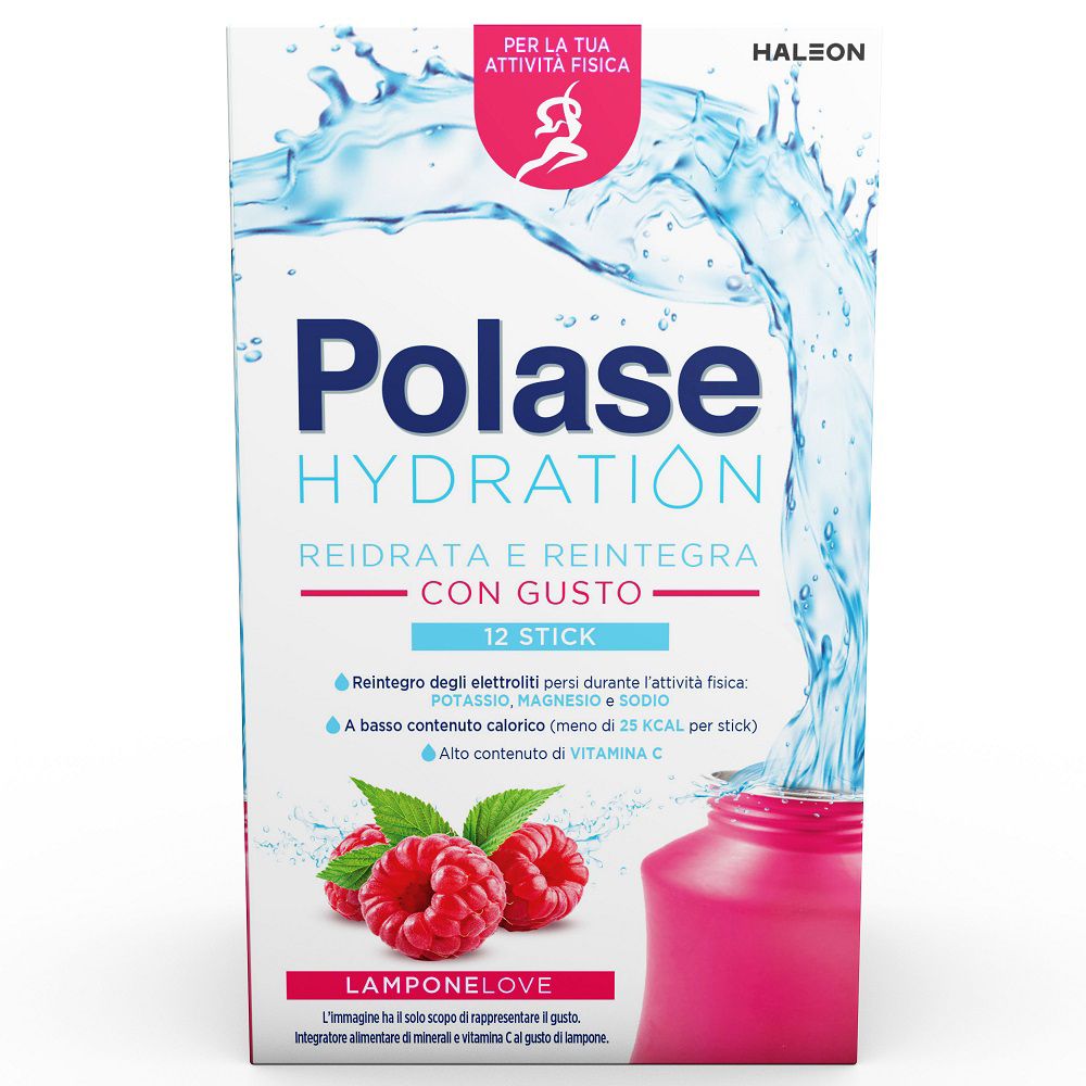Verpackung mit Polase Hydration. 12 Sticks. Himbeergeschmack. Enthält Elektrolyte, Magnesium, Kalium und Vitamin C.