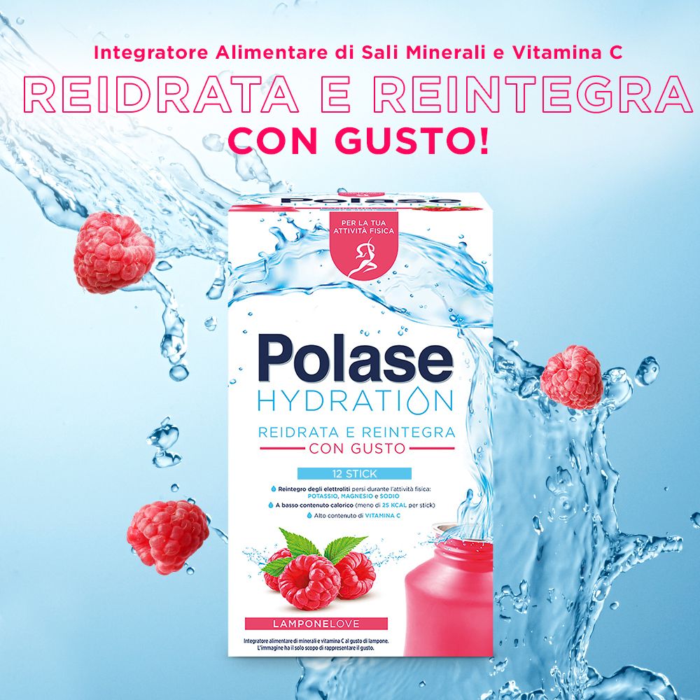 Polase Hydration-Verpackung mit Himbeeren und Wasser. Enthält Elektrolyte, Magnesium, Kalium und Vitamin C.