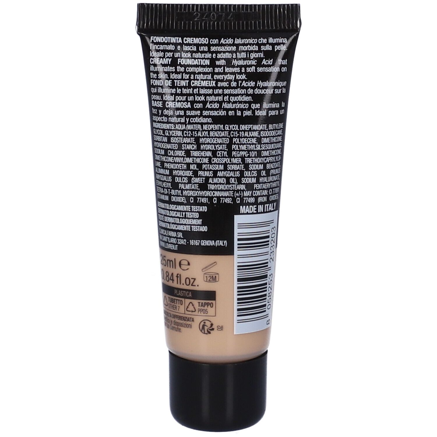 Rückseite der Fondotinta-Tube. Text mit Inhaltsstoffen und Herstellerinformationen. Beige Farbe des Produkts sichtbar.