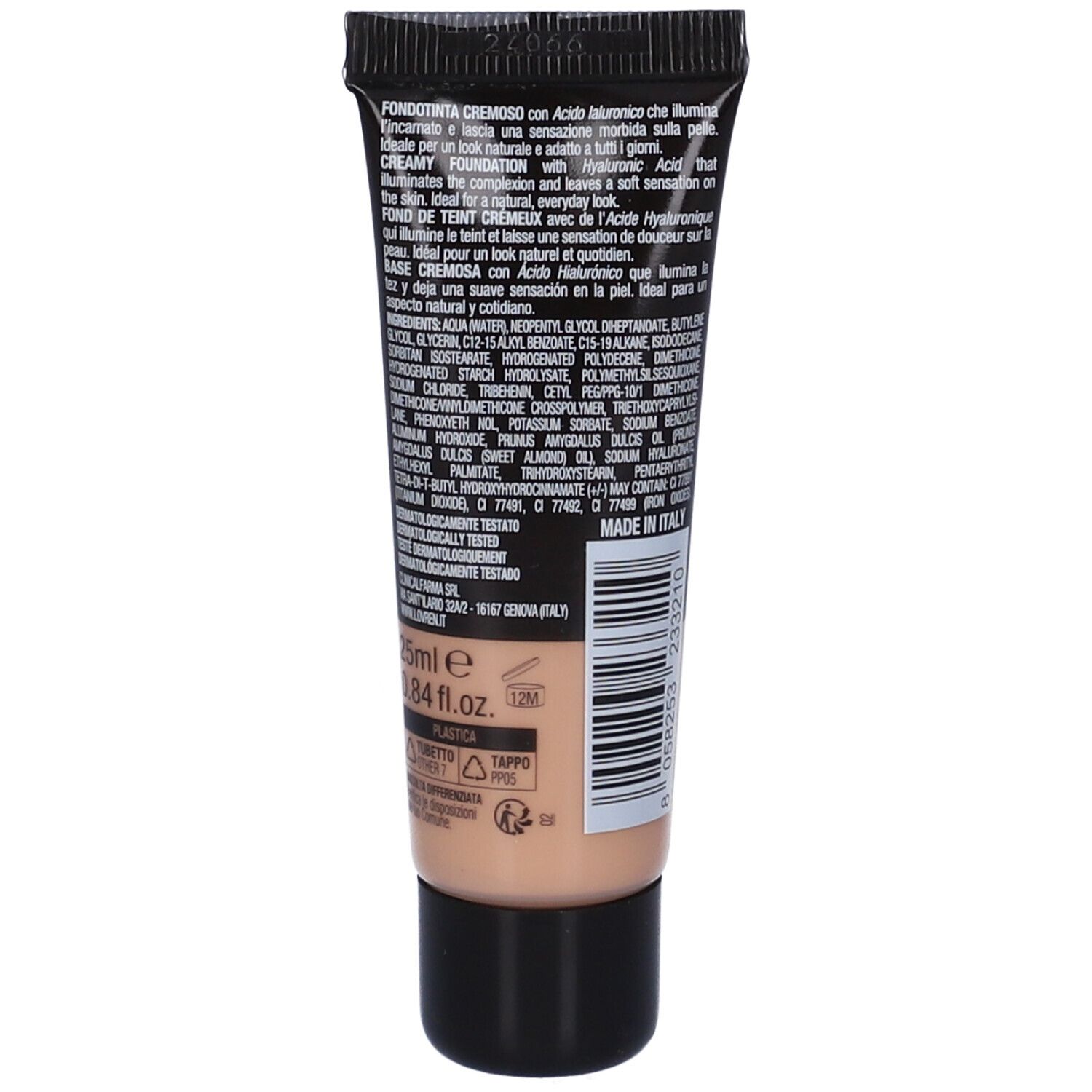 Dos du tube. Texte avec ingrédients et informations. Couleur du produit visible.