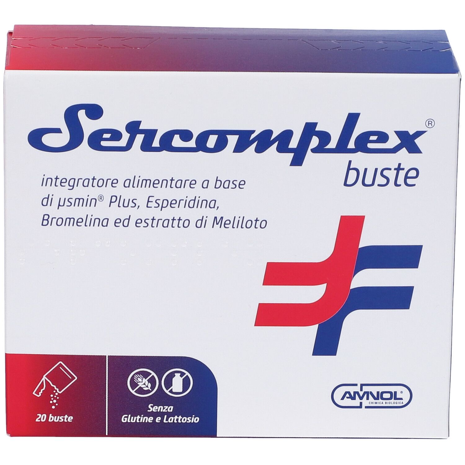 Boîte "Sercomplex buste". Contient 20 sachets. Sans gluten ni lactose. Logo AVNOL.