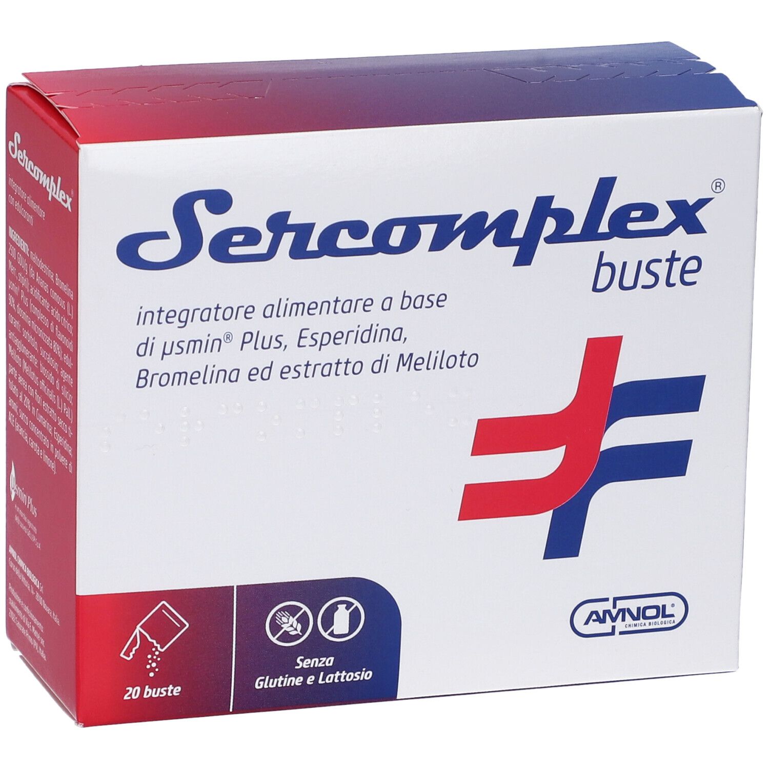 Boîte "Sercomplex buste". Contient 20 sachets. Sans gluten ni lactose. Logo AVNOL.