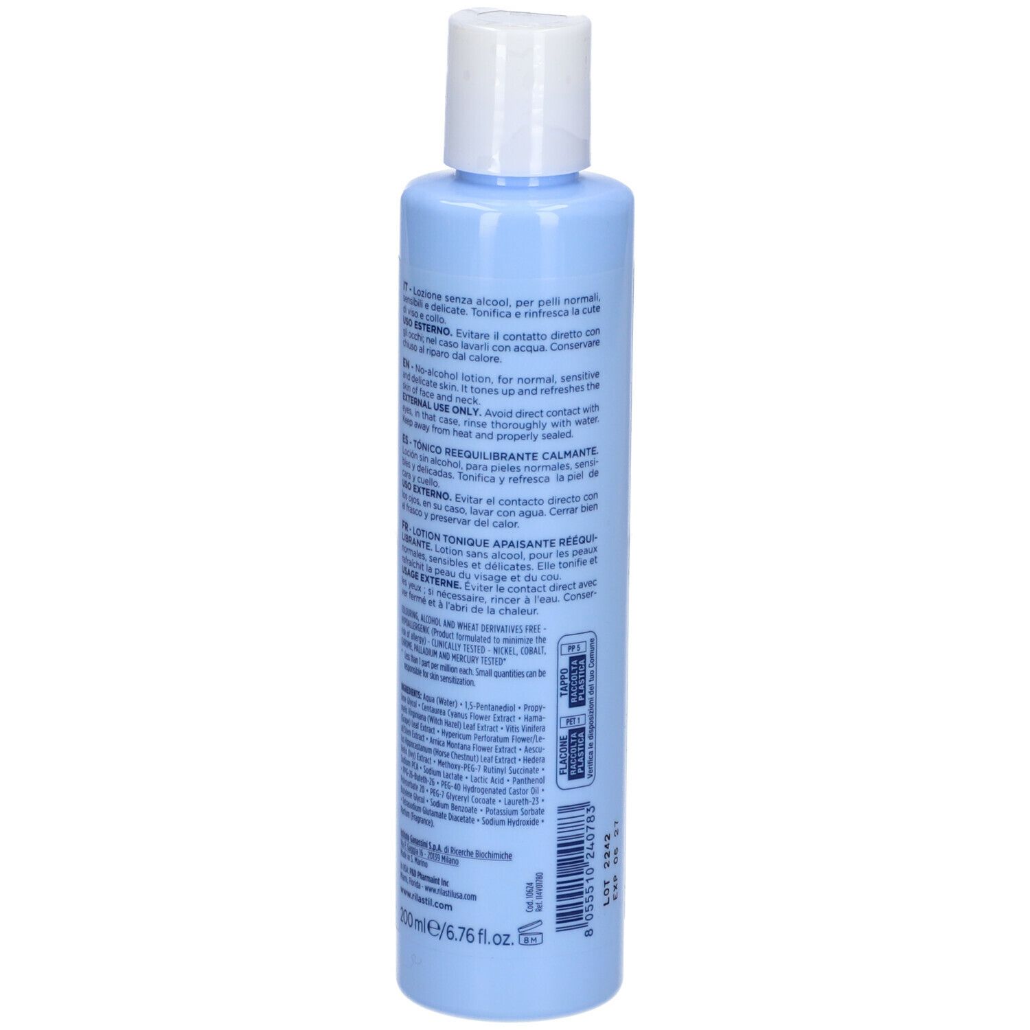 Hellblaue Flasche, Rückseite mit Text. Inhaltsstoffe und Anwendungshinweise.