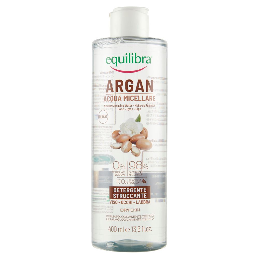 Equilibra® Argan Mizellenwasser. Flasche mit weißem Deckel. Aufschrift: Argan, Acqua Micellare. Abbildung von Argan-Nüssen und Blüten.
