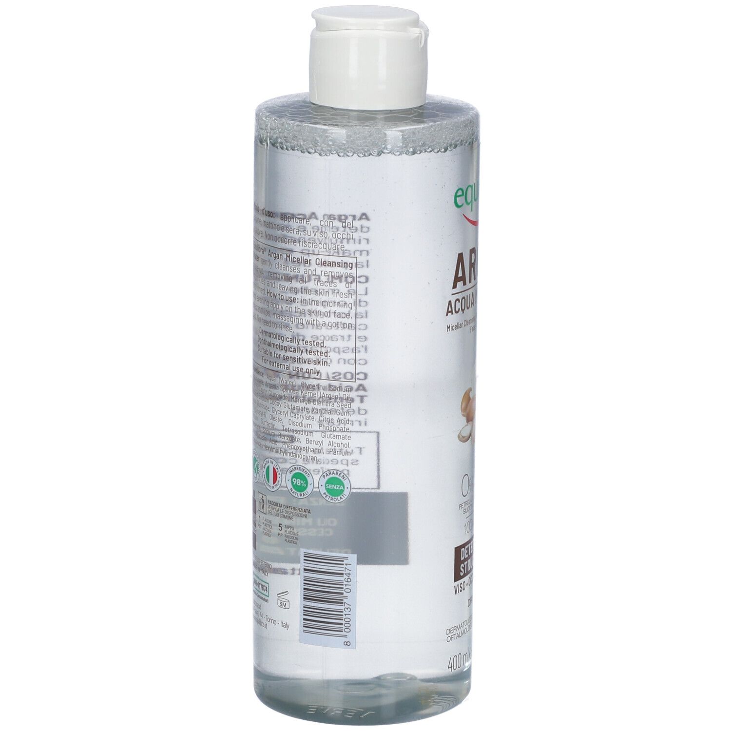 Flacon transparent avec bouchon blanc. Dos avec texte et code-barres. Produit pour peau sèche.