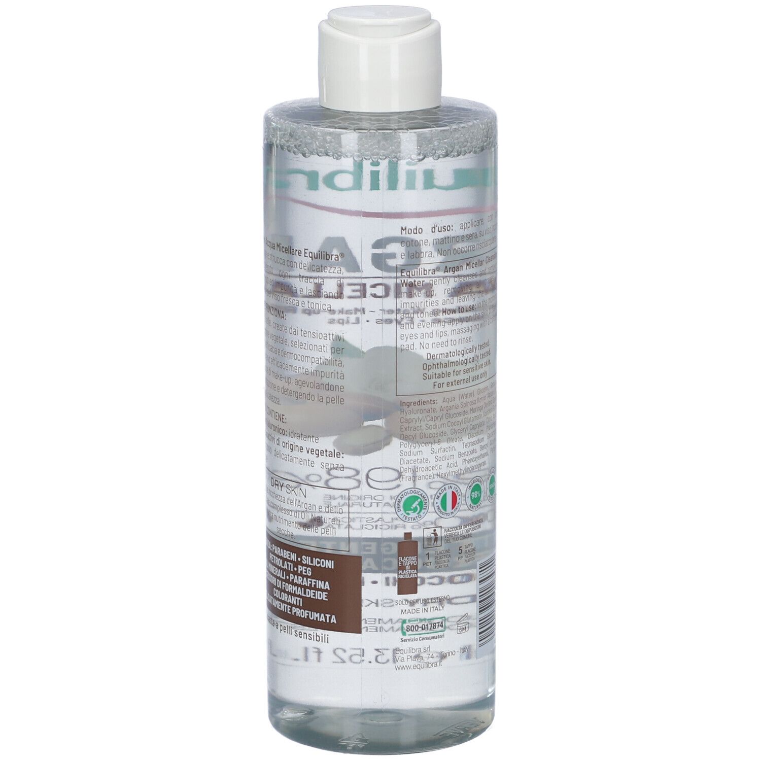 Flacon transparent avec bouchon blanc. Dos avec texte et informations produit. Pour peau sèche.