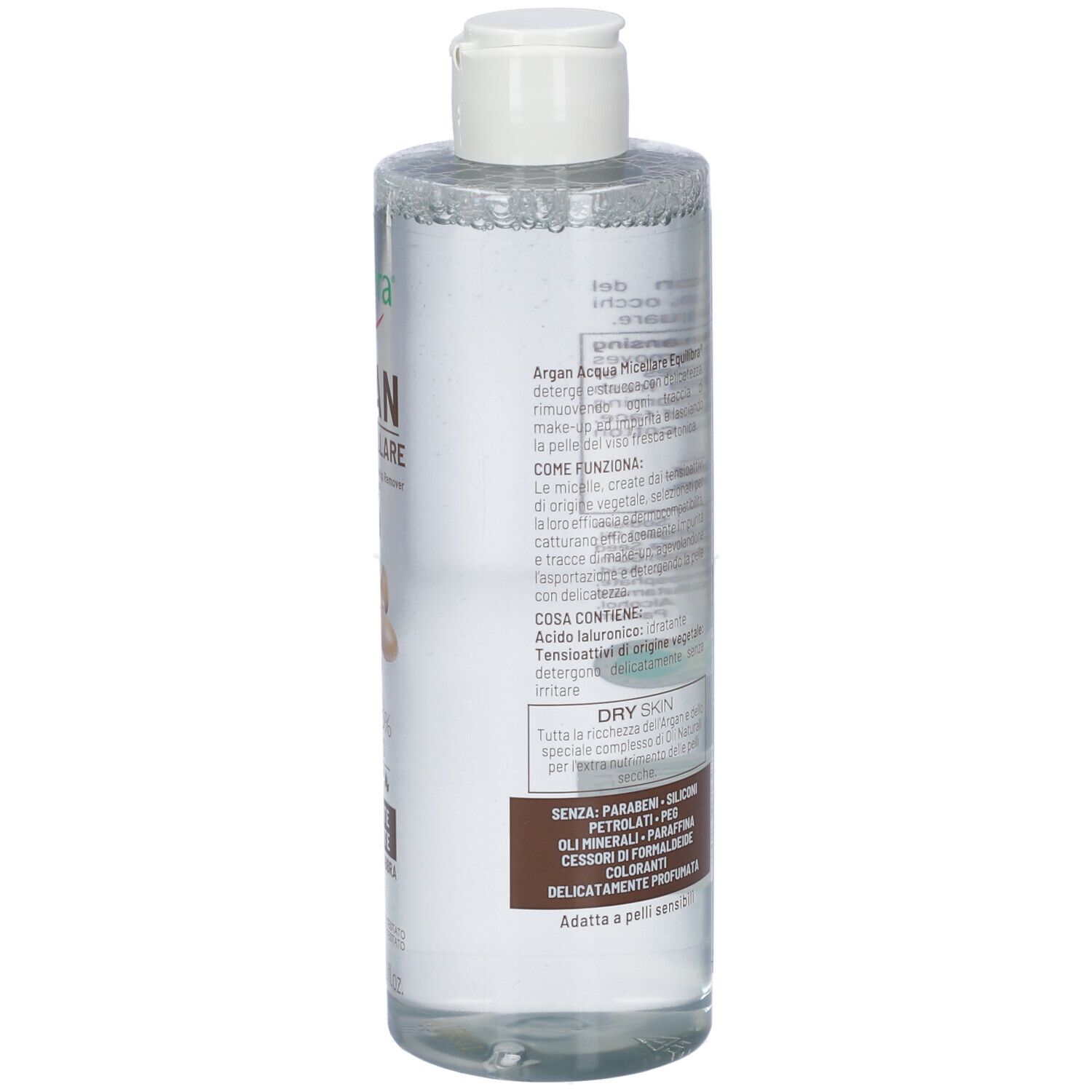 Flacon transparent avec bouchon blanc. Dos avec texte et informations produit. Pour peau sèche.