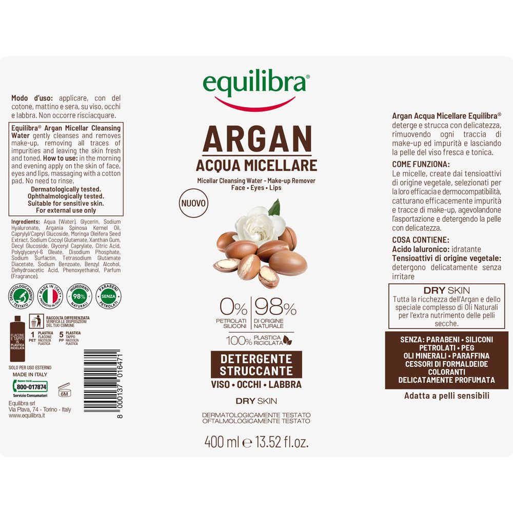 Etikett von Equilibra® Argan Mizellenwasser. Text: Argan, Acqua Micellare. Abbildung von Argan-Nüssen und Blüten. Inhaltsstoffe und Zertifizierungen.