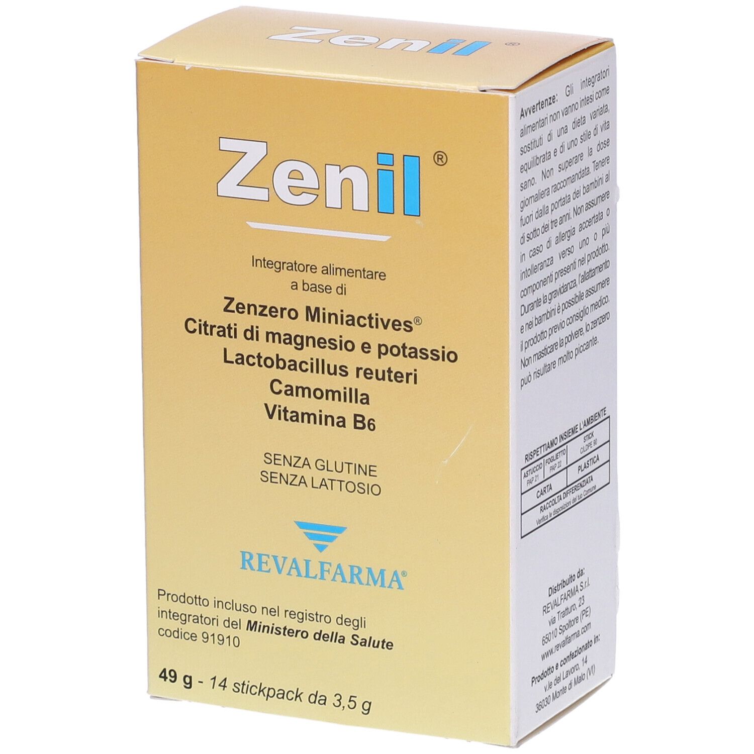 Zenil-Schachtel, schräg. Enthält Nahrungsergänzungsmittel mit Ingwer, Magnesium, Kalium, Kamille und Vitamin B6. Gluten- und laktosefrei.