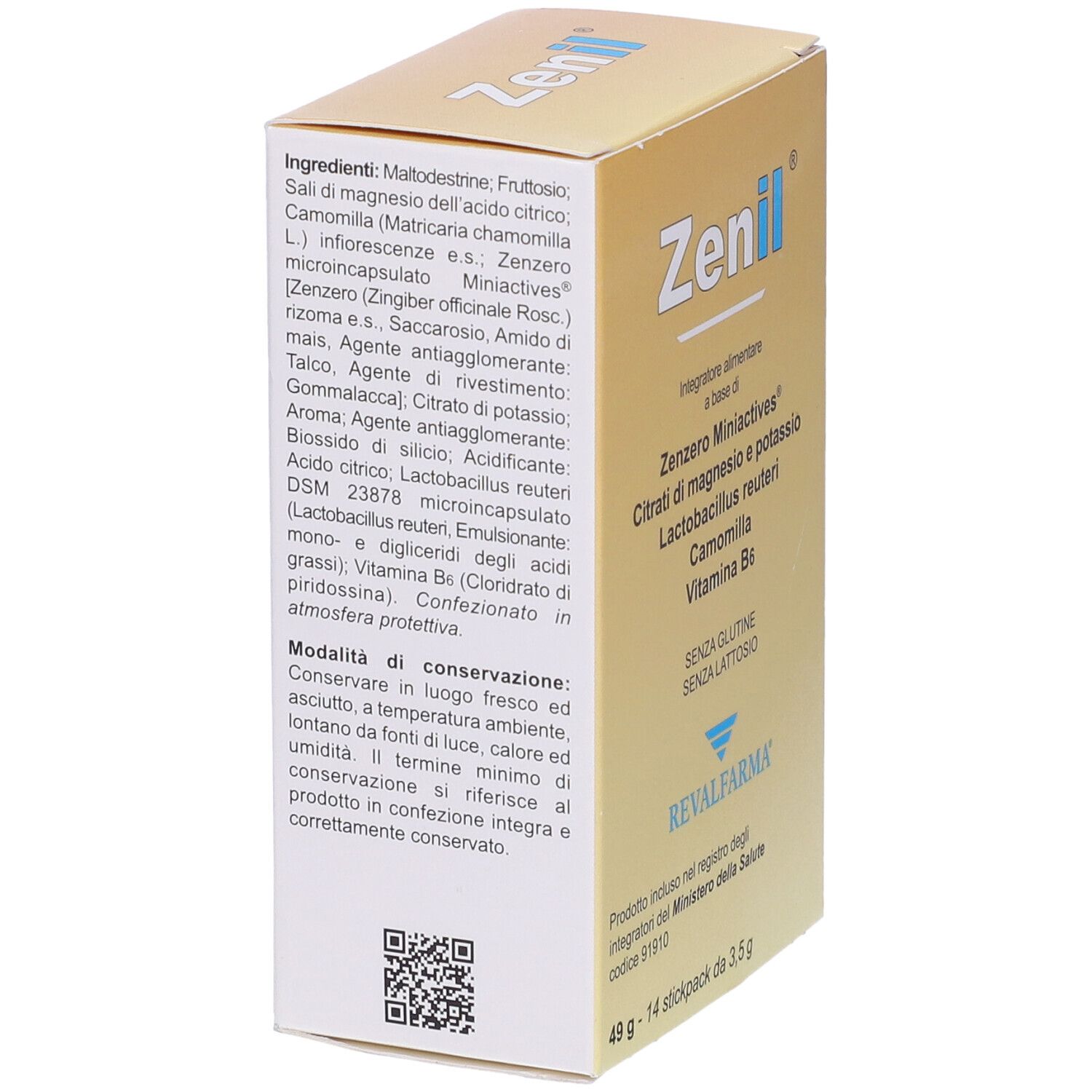 Zenil-Schachtel, Rückseite mit Inhaltsstoffen und Anwendungshinweisen. Enthält Ingwer, Magnesium, Kamille, Vitamin B6.