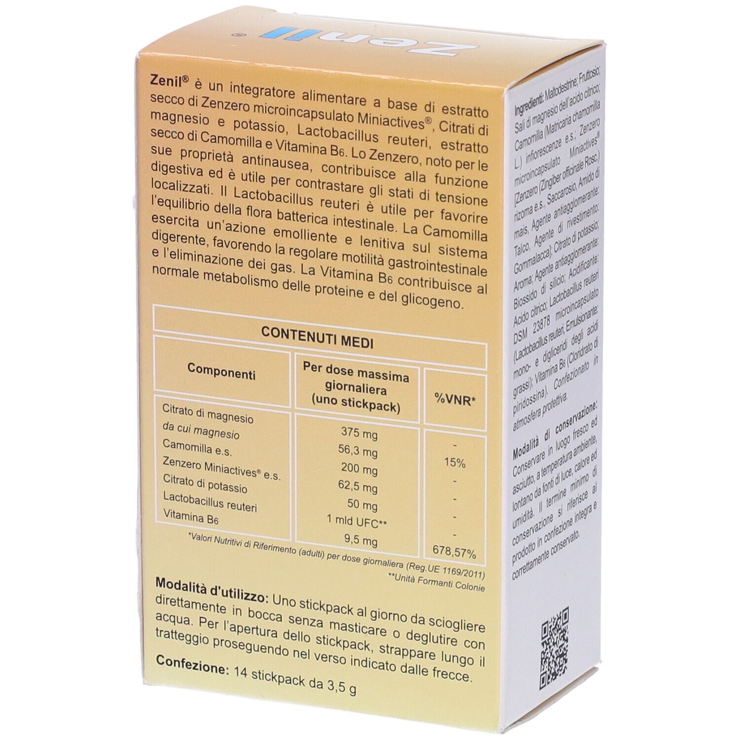 Zenil-Schachtel, Rückseite mit Nährwertangaben und Anwendungshinweisen. Enthält Ingwer, Magnesium, Kamille, Vitamin B6.