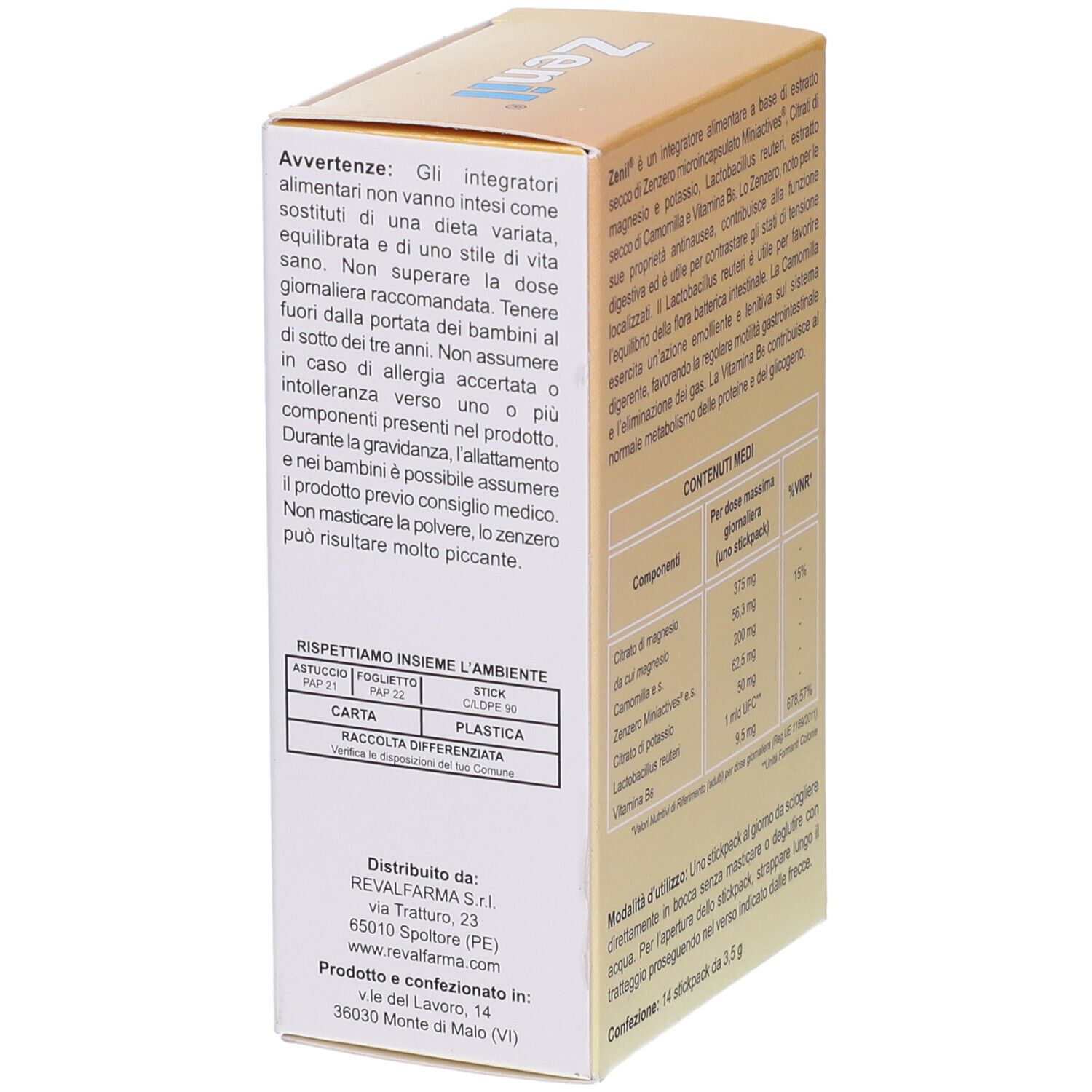 Zenil-Schachtel, Rückseite mit Warnhinweisen und Umweltinformationen. Enthält Ingwer, Magnesium, Kamille, Vitamin B6.