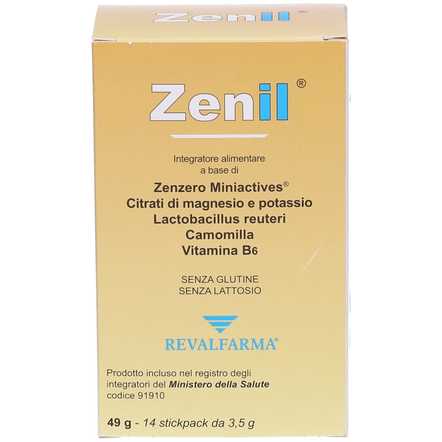 Zenil-Schachtel. Nahrungsergänzungsmittel mit Ingwer, Magnesium, Kalium, Kamille und Vitamin B6. Gluten- und laktosefrei.