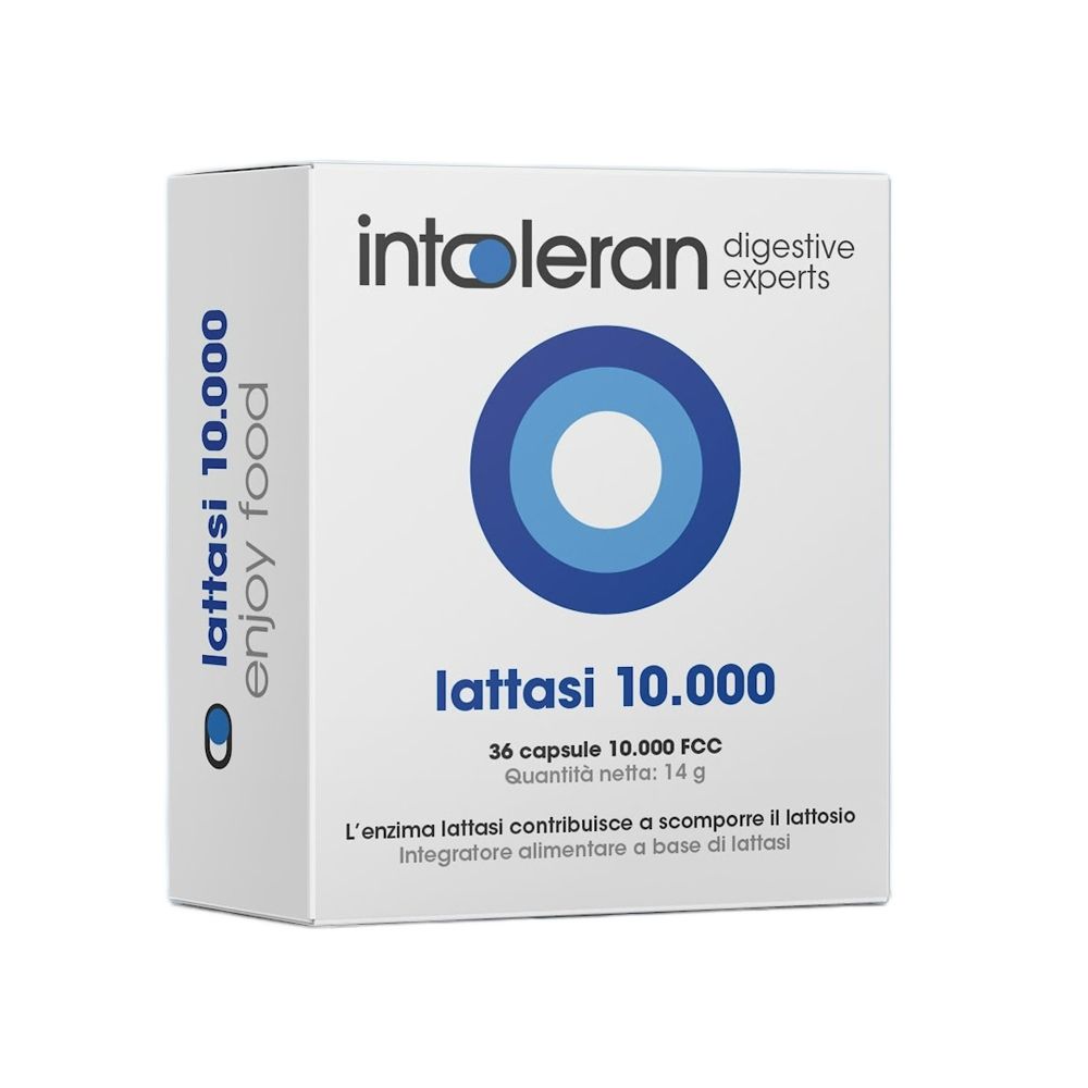 Boîte blanche avec logo cercle bleu. Texte : Intoleran, Lattasi 10.000, 36 gélules. Contient des informations sur le produit.