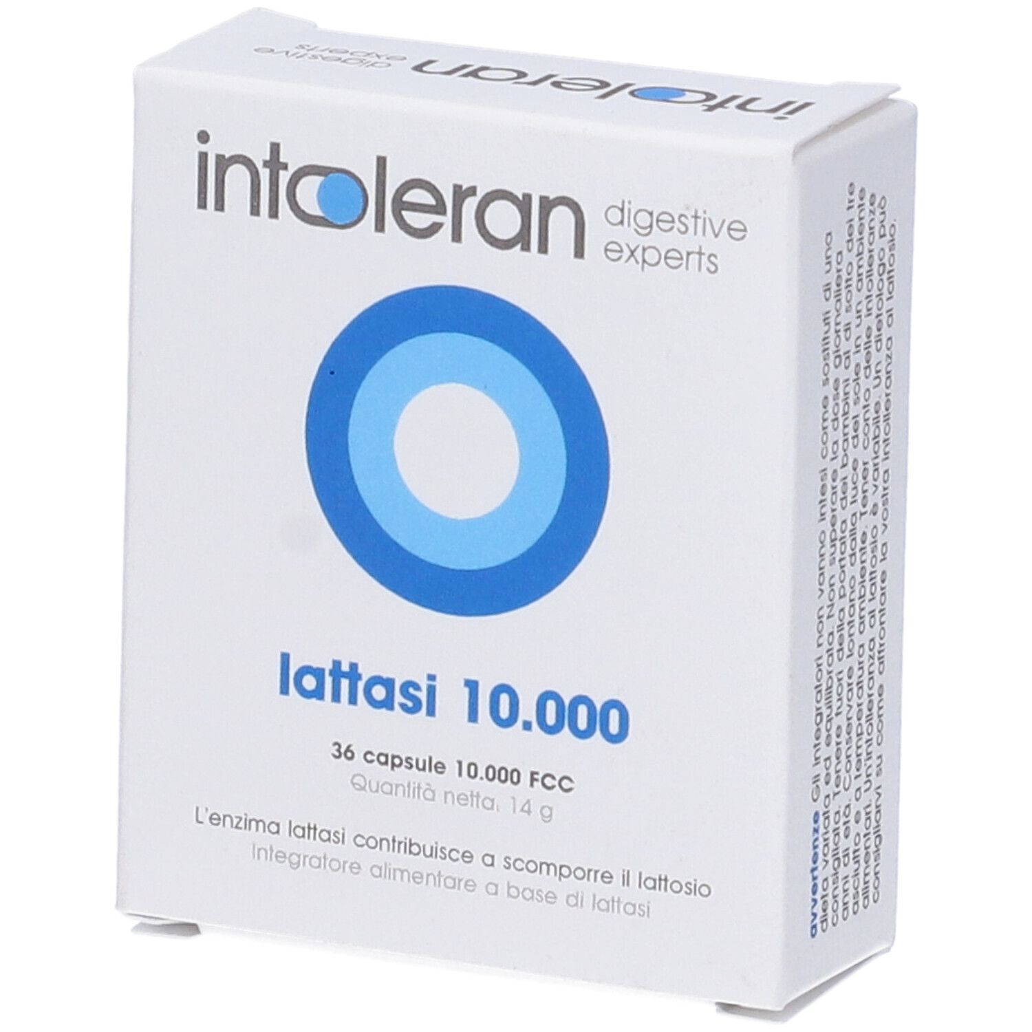 Boîte blanche avec logo cercle bleu. Texte : Intoleran, Lattasi 10.000, 36 gélules. Contient des informations sur le produit.